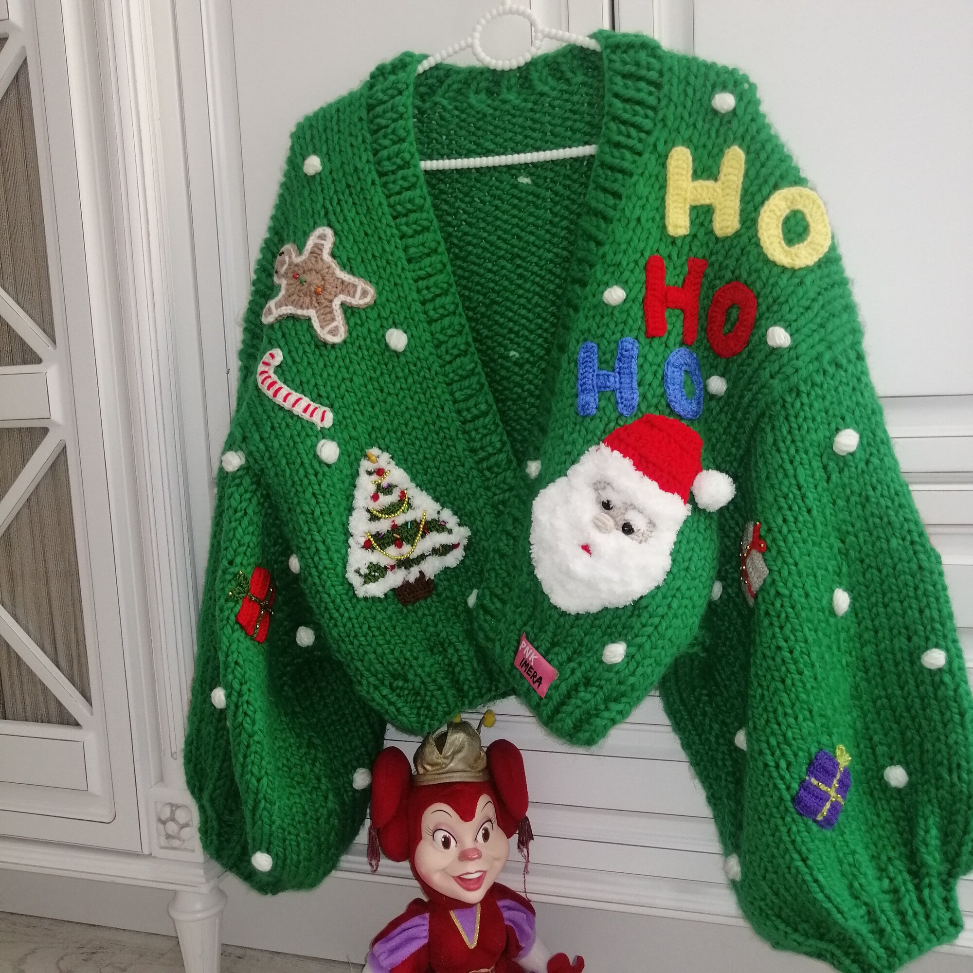 il_2000xN.5504374527_9va8.jpg Ugly Christmas Sweater – Hand Knitted Green Santa Cardigan – Chunky Knit Holiday Jumper – Funny Xmas Party Sweater – Women’s Christmas Cardi