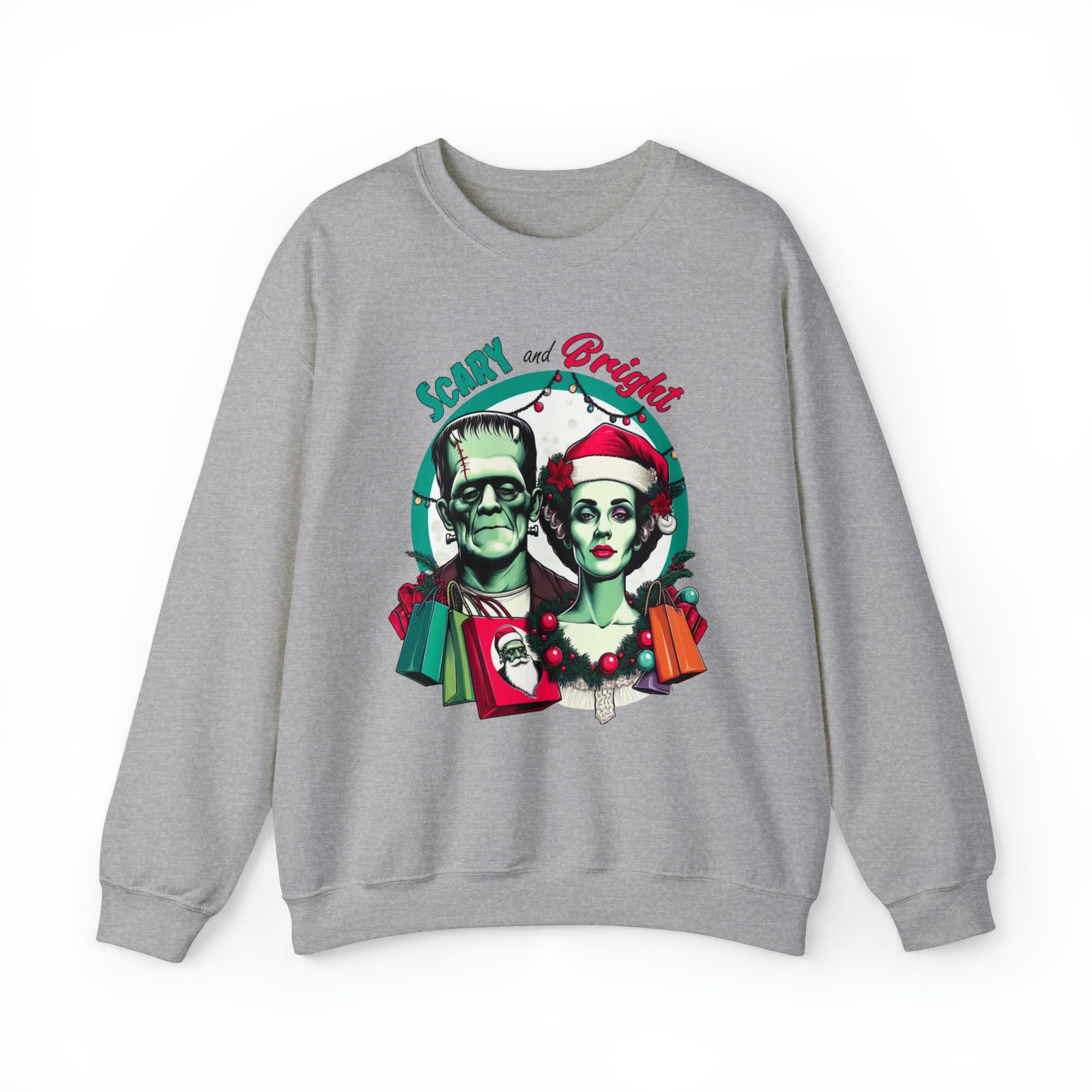 il_2000xN.5515366202_i430.jpg Frankenstein and The Bride Christmas Sweatshirt, Scary and Bright, Goth Christmas, Alt Christmas, Classic Monsters, Horror, Gothic Christmas