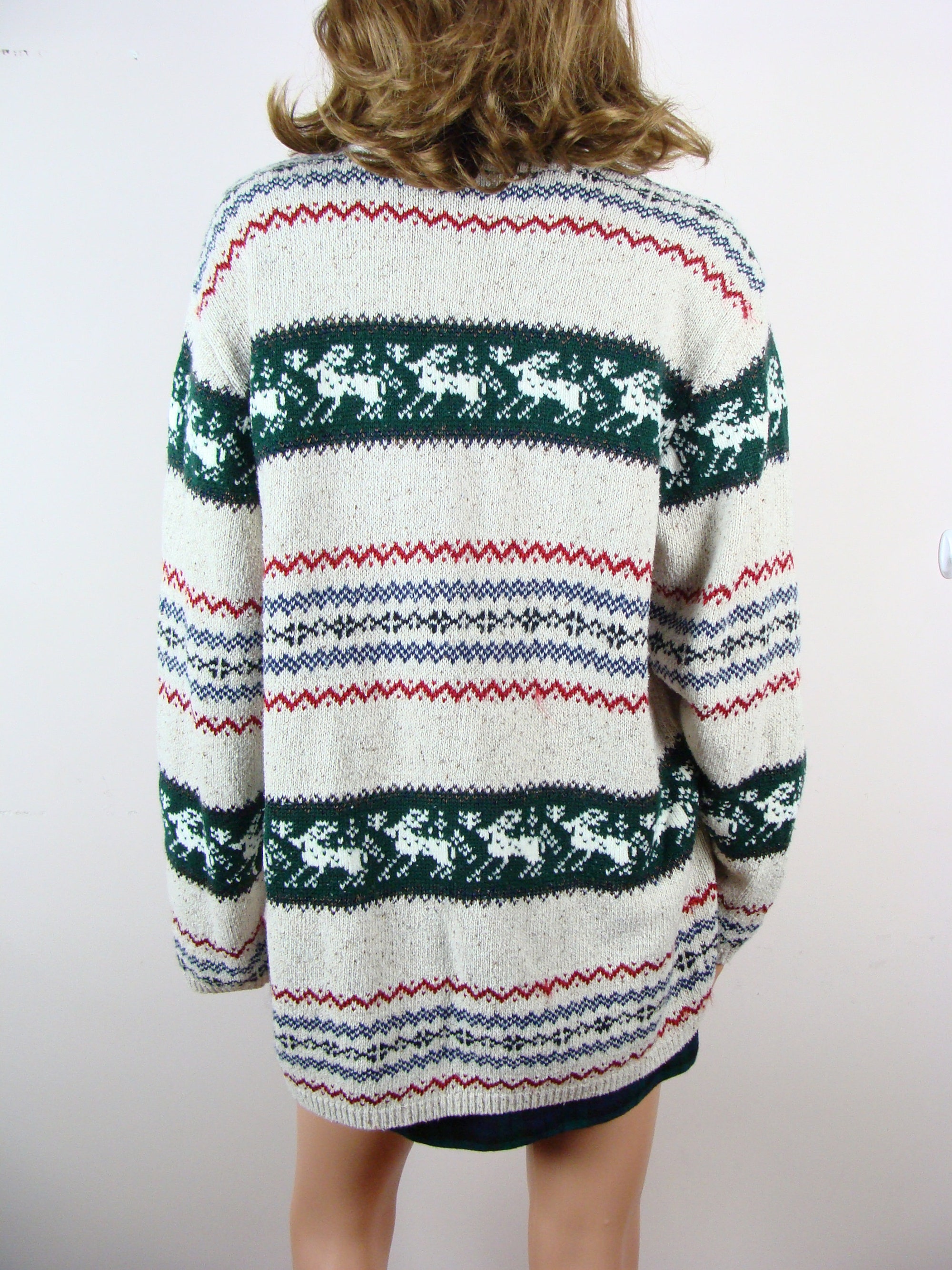 il_2000xN.5521847205_33ju-1.jpg Vintage Christmas Sweater 90s Reindeer Fair Isle Oversized Cozy Knit Sweater V Neck Long Sleeve Russ Size XL 16 / 18