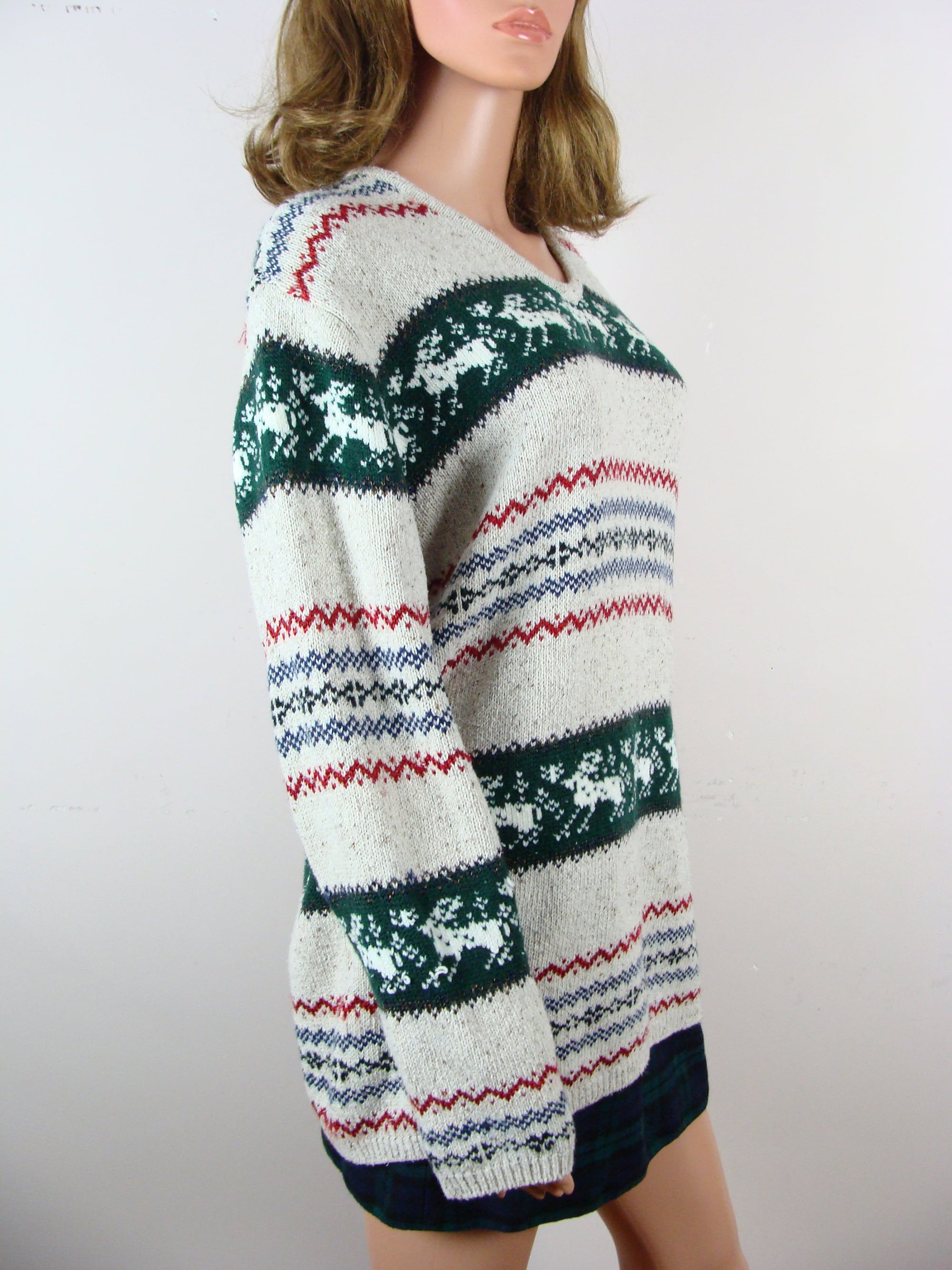 il_2000xN.5521847257_chg8-1.jpg Vintage Christmas Sweater 90s Reindeer Fair Isle Oversized Cozy Knit Sweater V Neck Long Sleeve Russ Size XL 16 / 18
