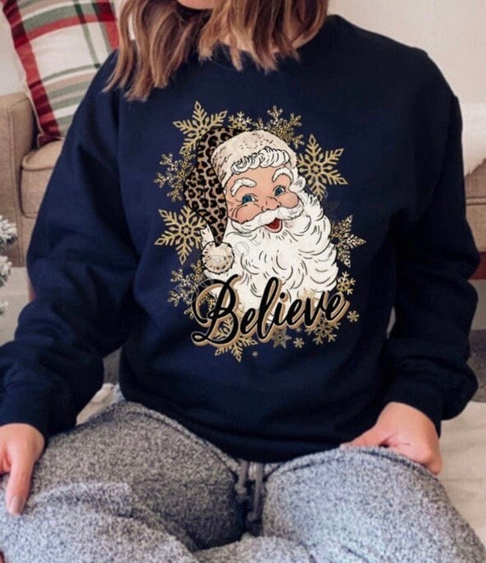 Gold Santa Believe Tshirt, Sweatshirt, Christmas Pajamas, Santa Shirt, Christmas Shirt, Extended Plus Size 2XL 3XL 4XL 5XL 6XL