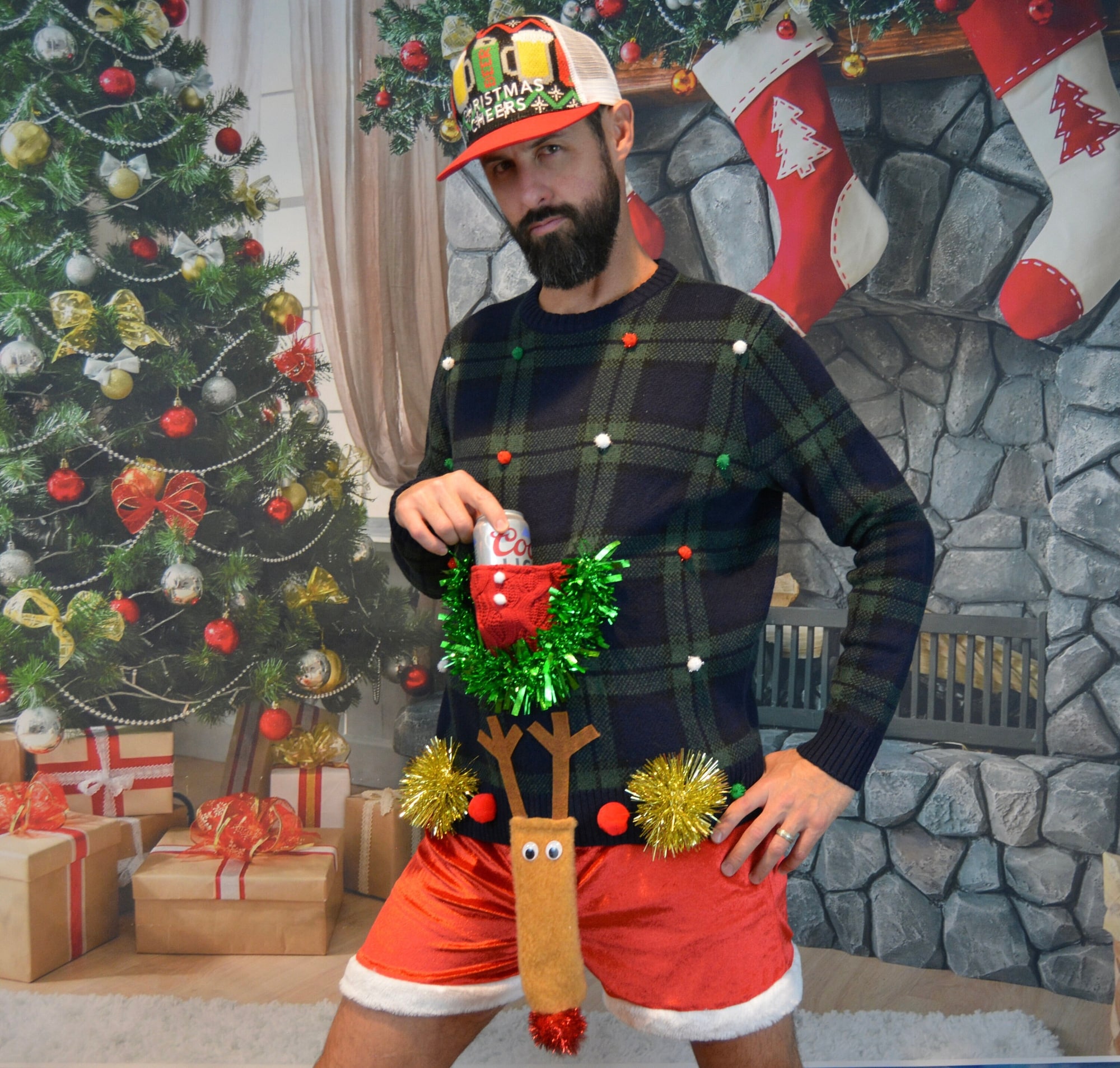 Multi size, Ugly Christmas Sweater, Mens, Liquor holder, Beer holder, alcohol, reindick, party pocket, reindeer crotch, contest winner