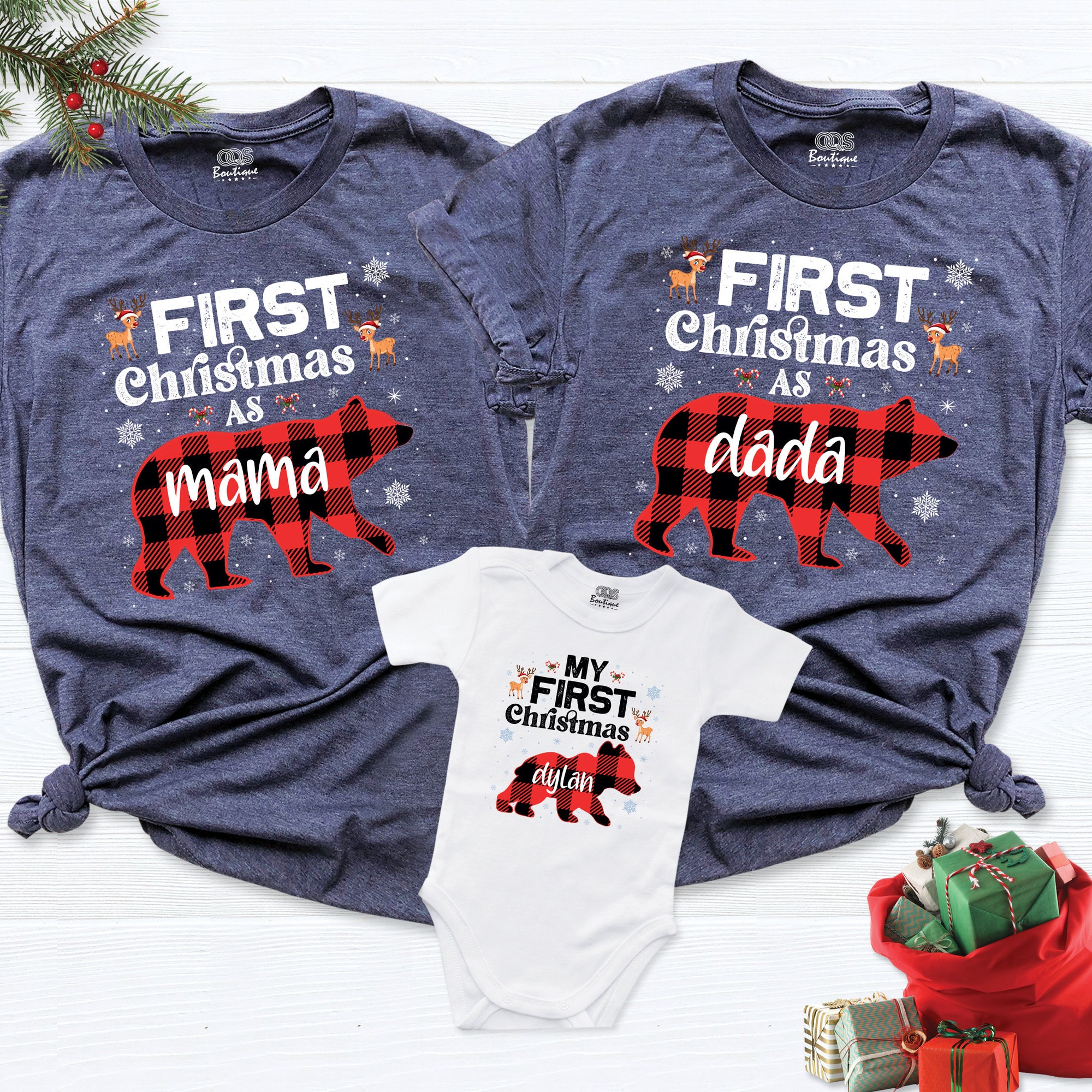 First Christmas as Dad Mom Baby Shirt, Personalized Bear First Christmas Family Shirts, Buffalo Plaid Bear Matching First Christmas Shirts