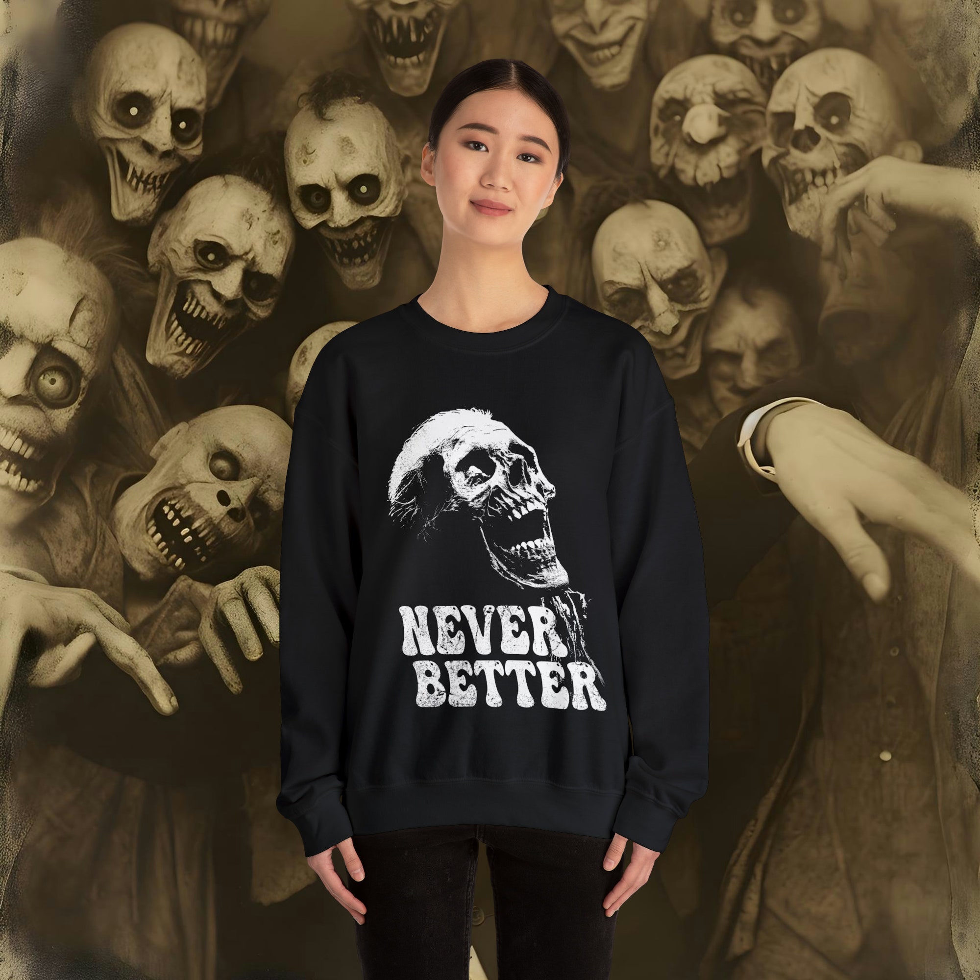 il_2000xN.5585156945_6zid-1.jpg Never Better Skeleton Sweatshirt: Funny Goth Grunge Creepmas Gift