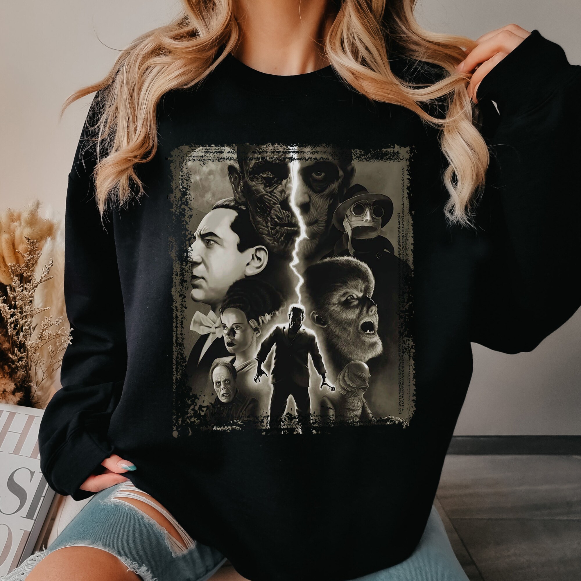 Classic Movie Monsters Sweatshirt, Horror, Goth Sweatshirt, Alt Sweatshirt, Horror Lover, Dracula, Frankenstein, The Wolfman, Unisex, Gothic