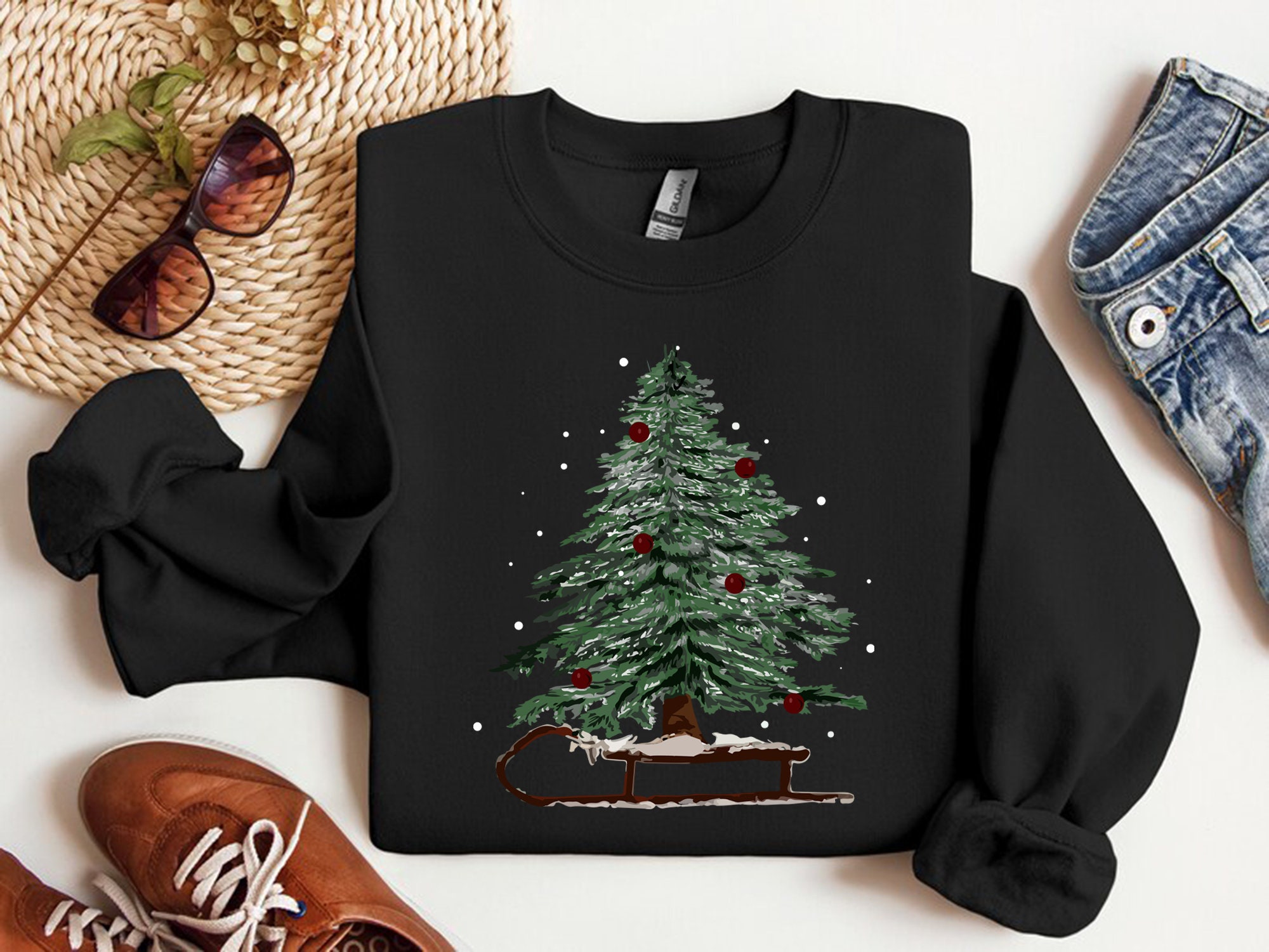 il_2000xN.5765668454_9ip8-2.jpg Woman's Holiday Sweatshirt, Women's Xmas Tee, Christmas Sleigh Crewneck, Christmas Tree Tee, Xmas Tree, Women's Christmas Tshirt,Winter Tee