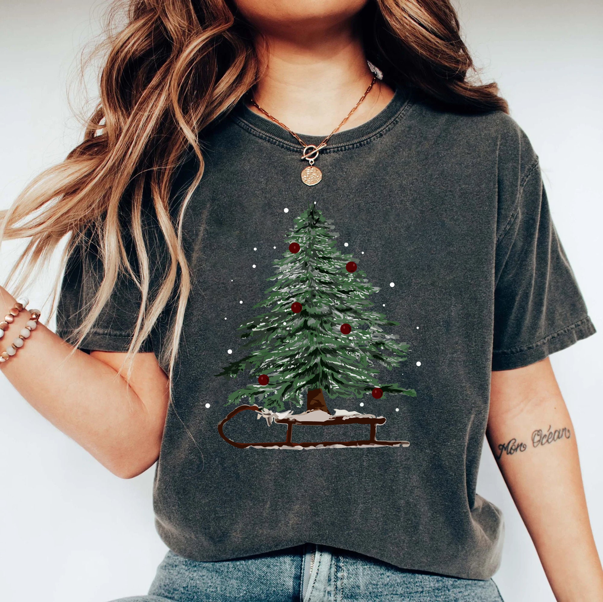 il_2000xN.5765668654_dlah-2.jpg Woman's Holiday Sweatshirt, Women's Xmas Tee, Christmas Sleigh Crewneck, Christmas Tree Tee, Xmas Tree, Women's Christmas Tshirt,Winter Tee