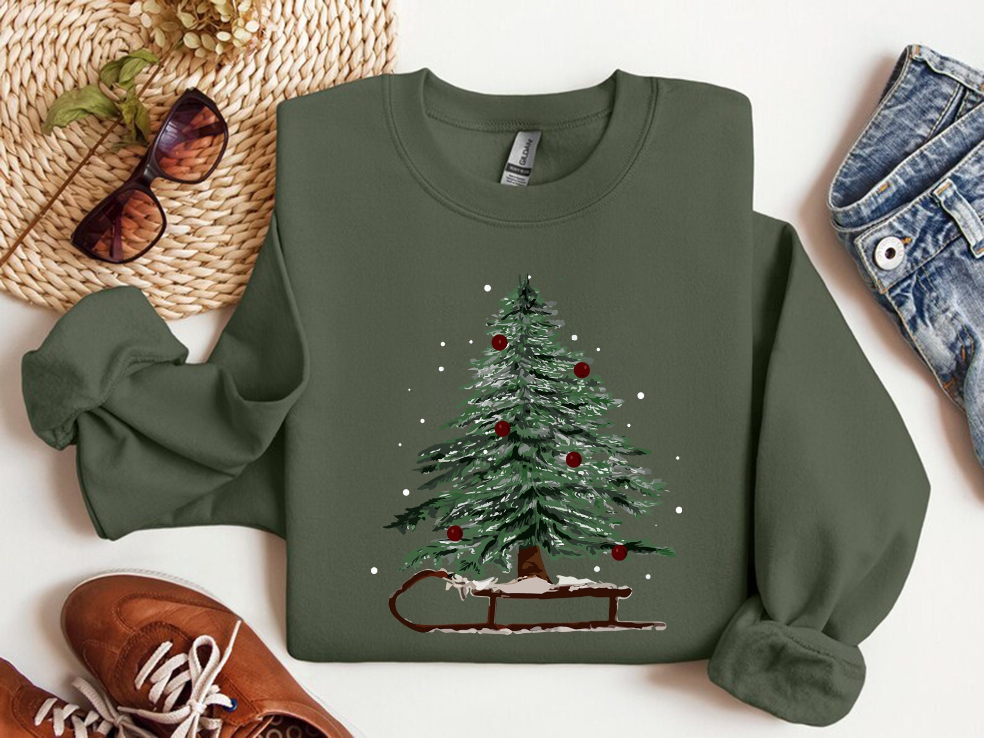 Woman’s Holiday Sweatshirt, Women’s Xmas Tee, Christmas Sleigh Crewneck, Christmas Tree Tee, Xmas Tree, Women’s Christmas Tshirt,Winter Tee