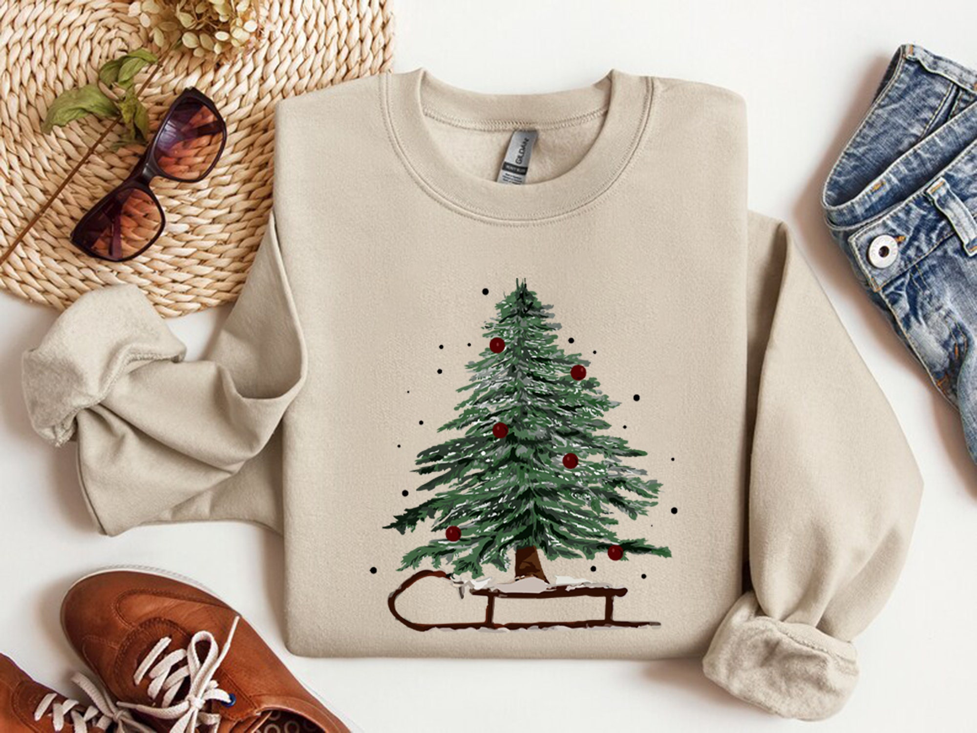 il_2000xN.5813733069_pajz-2.jpg Woman's Holiday Sweatshirt, Women's Xmas Tee, Christmas Sleigh Crewneck, Christmas Tree Tee, Xmas Tree, Women's Christmas Tshirt,Winter Tee