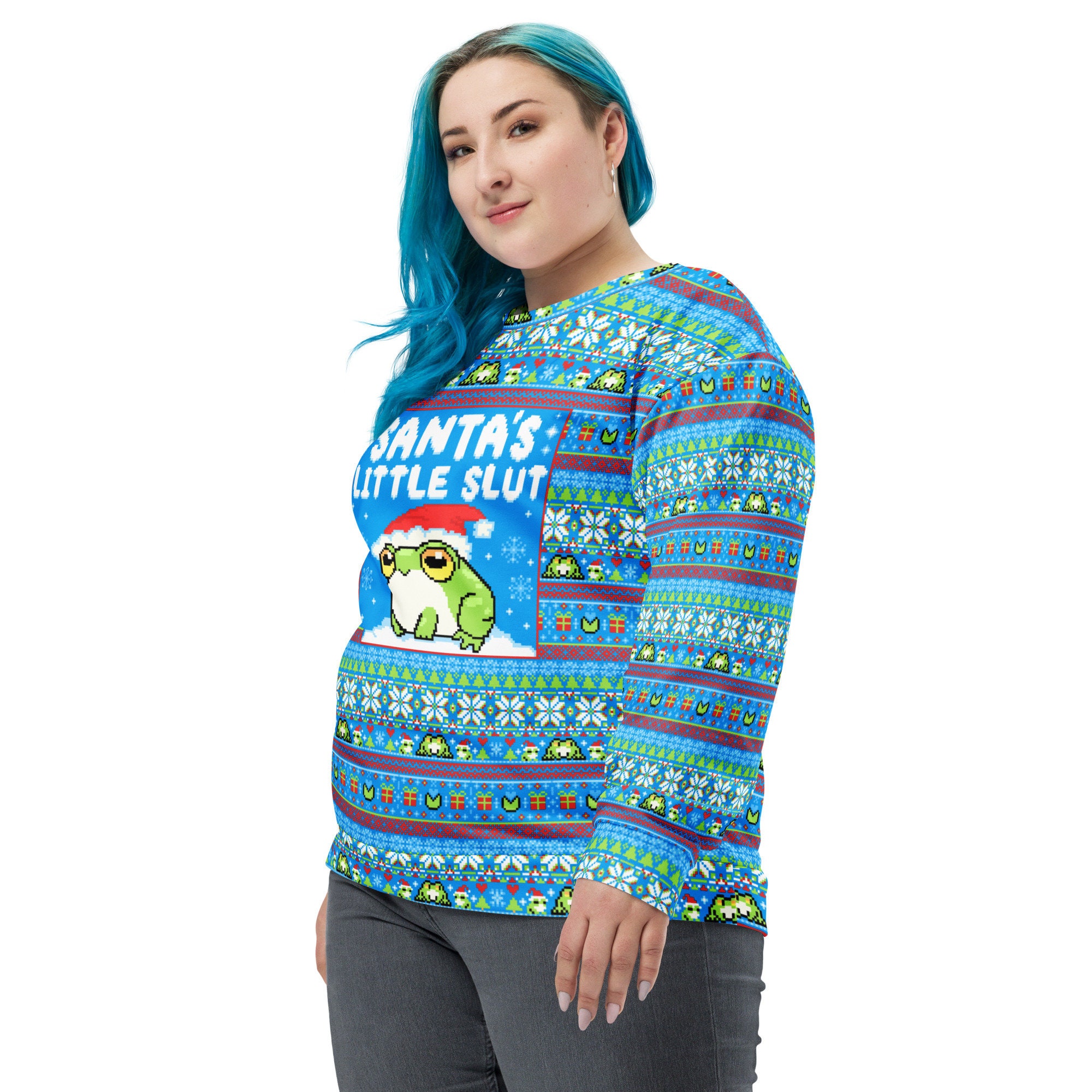 il_2000xN.6116431022_kcys-1.jpg Santa’s Little Slut Frog Ugly Christmas Sweater Pattern | All Over Printed Ugly Christmas Sweater Meme | Funny Christmas Frog Unisex Sweater