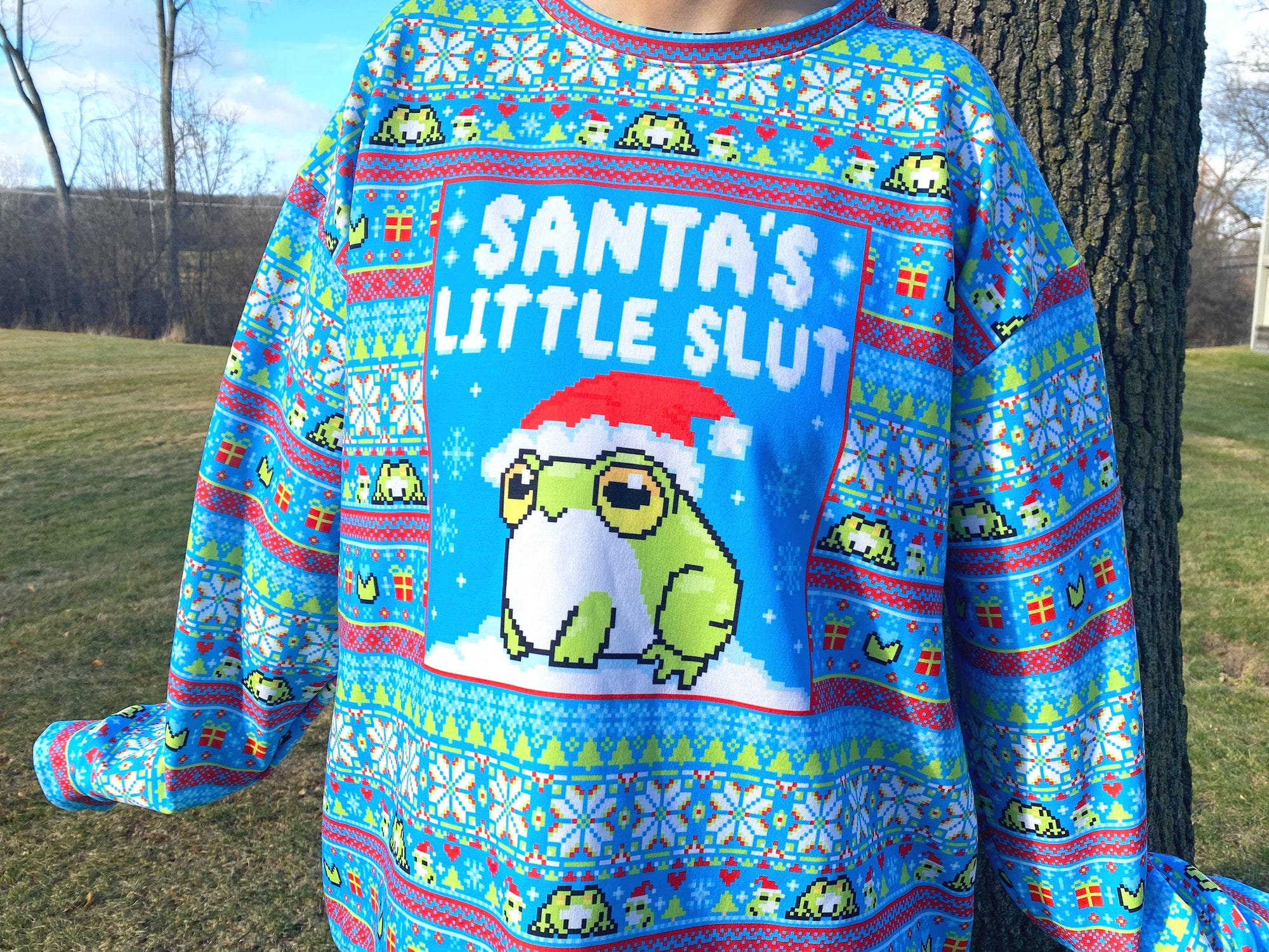 il_2000xN.6116637064_kngv-1.jpg Santa’s Little Slut Frog Ugly Christmas Sweater Pattern | All Over Printed Ugly Christmas Sweater Meme | Funny Christmas Frog Unisex Sweater