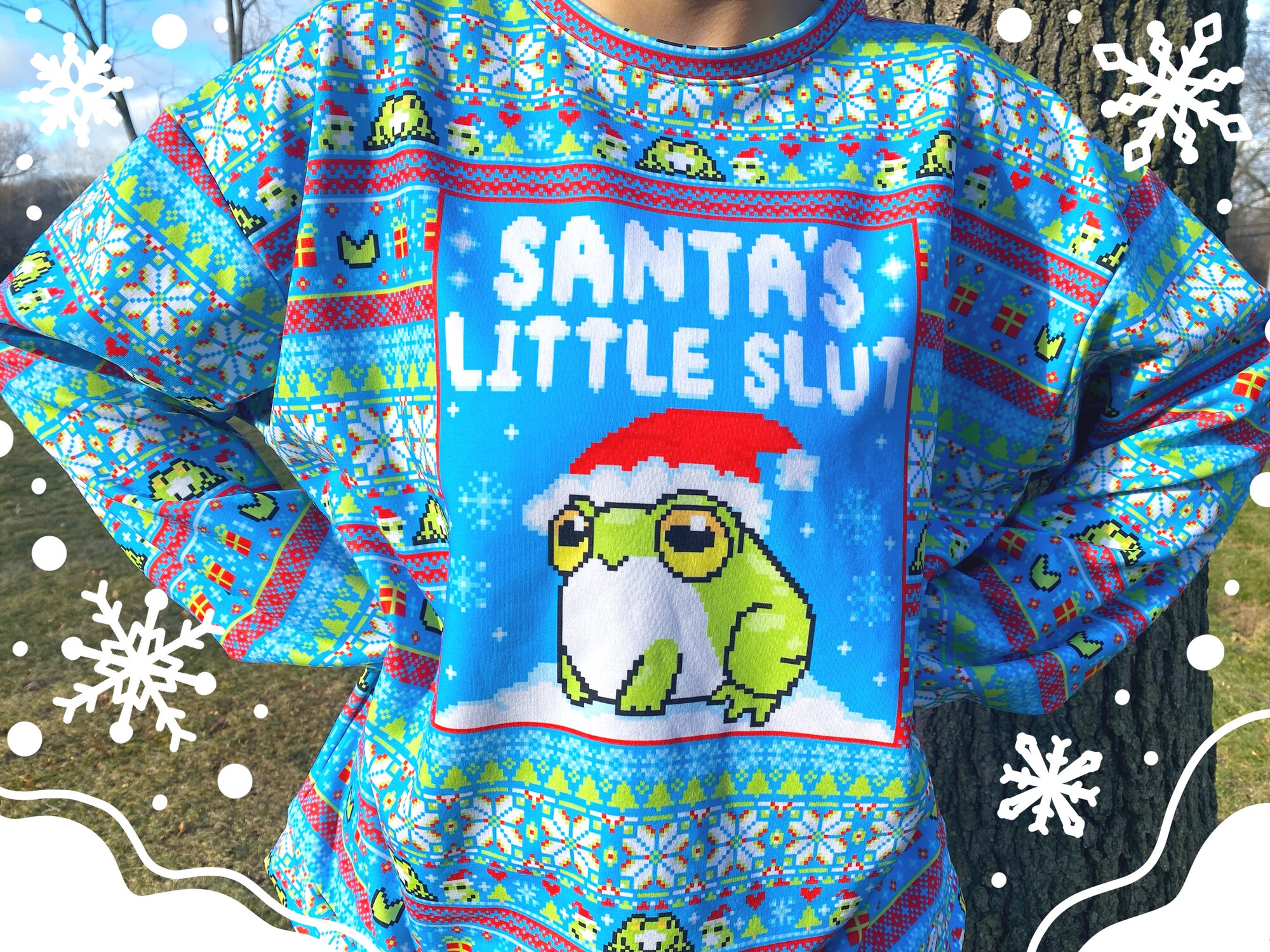 Santa’s Little Slut Frog Ugly Christmas Sweater Pattern | All Over Printed Ugly Christmas Sweater Meme | Funny Christmas Frog Unisex Sweater