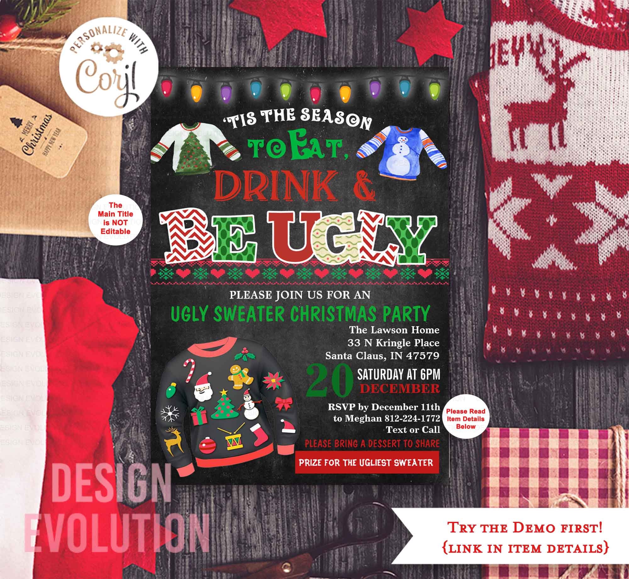 TRY DEMO FIRST – Ugly Sweater Tacky Sweater Holiday Christmas Party Invitation