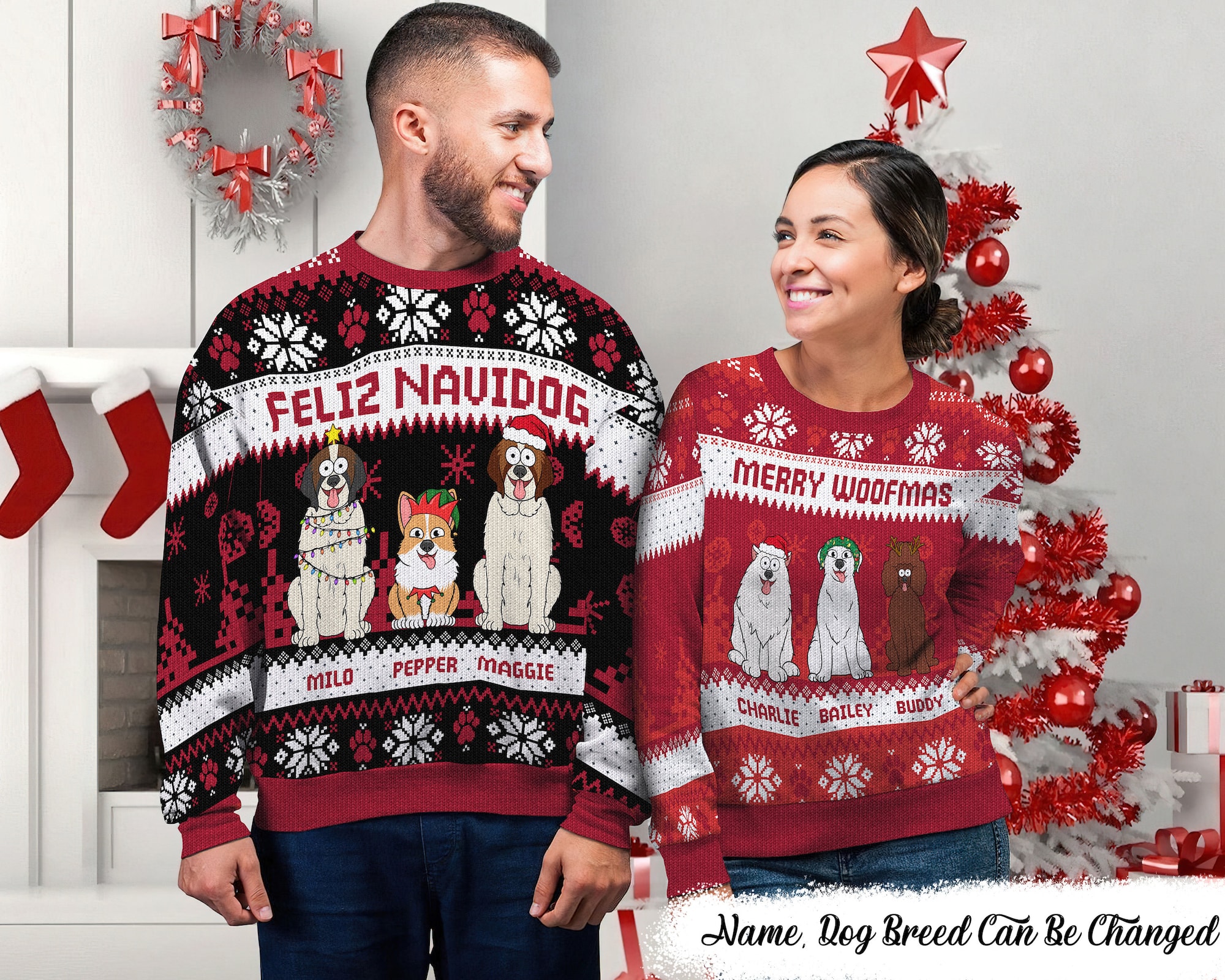 Feliz Navidog Merry Woofmas Funny Cartoon Dogs, Christmas Gift For Dog Lovers, Dog Owners, Dog Mom Dad, Personalized Unisex Ugly Sweater