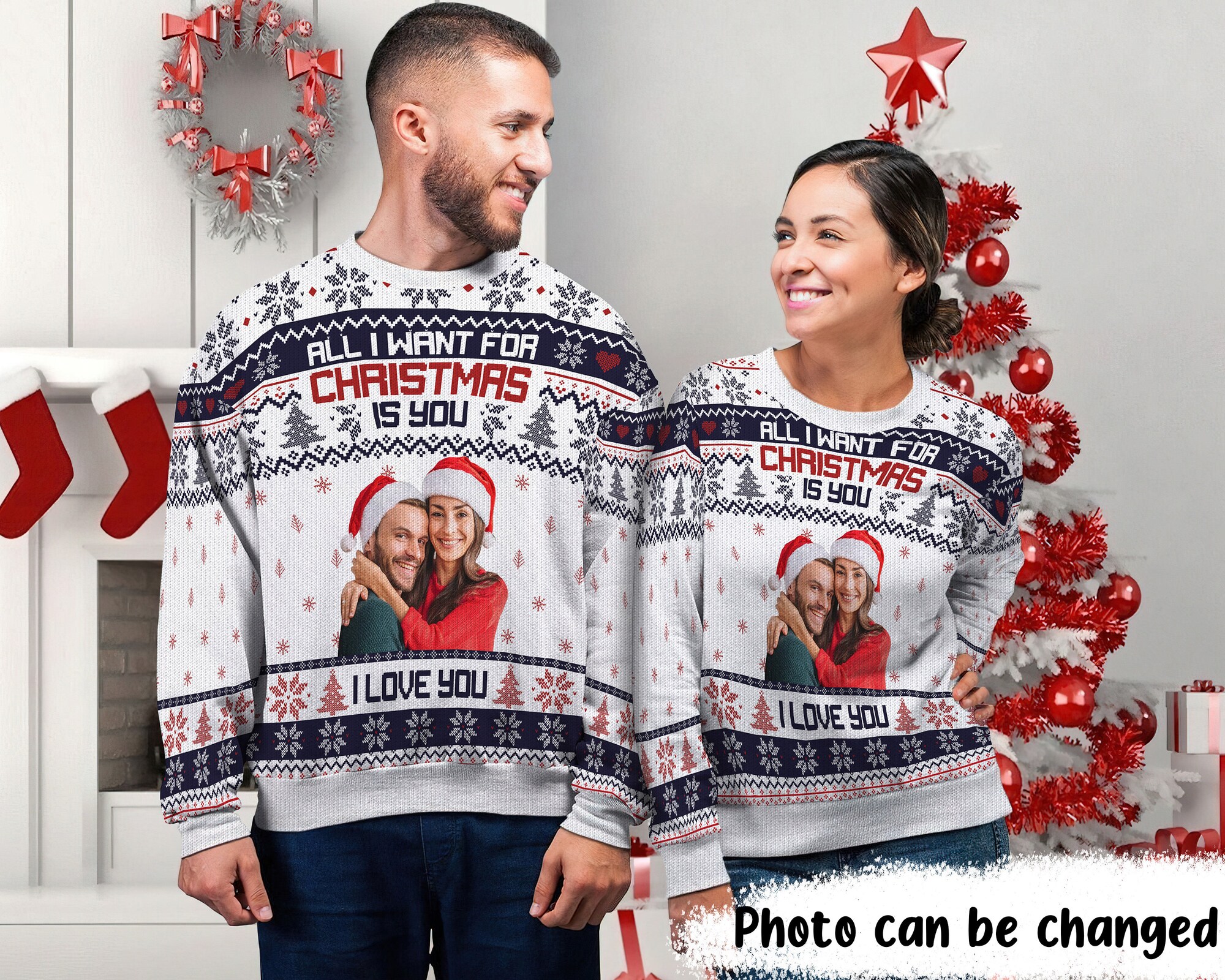 All I Want For Christmas Is You, Personalized Ugly Christmas Sweater for Couple, Custom Photo Ugly Christmas, Christmas Xmas Gift for Couple