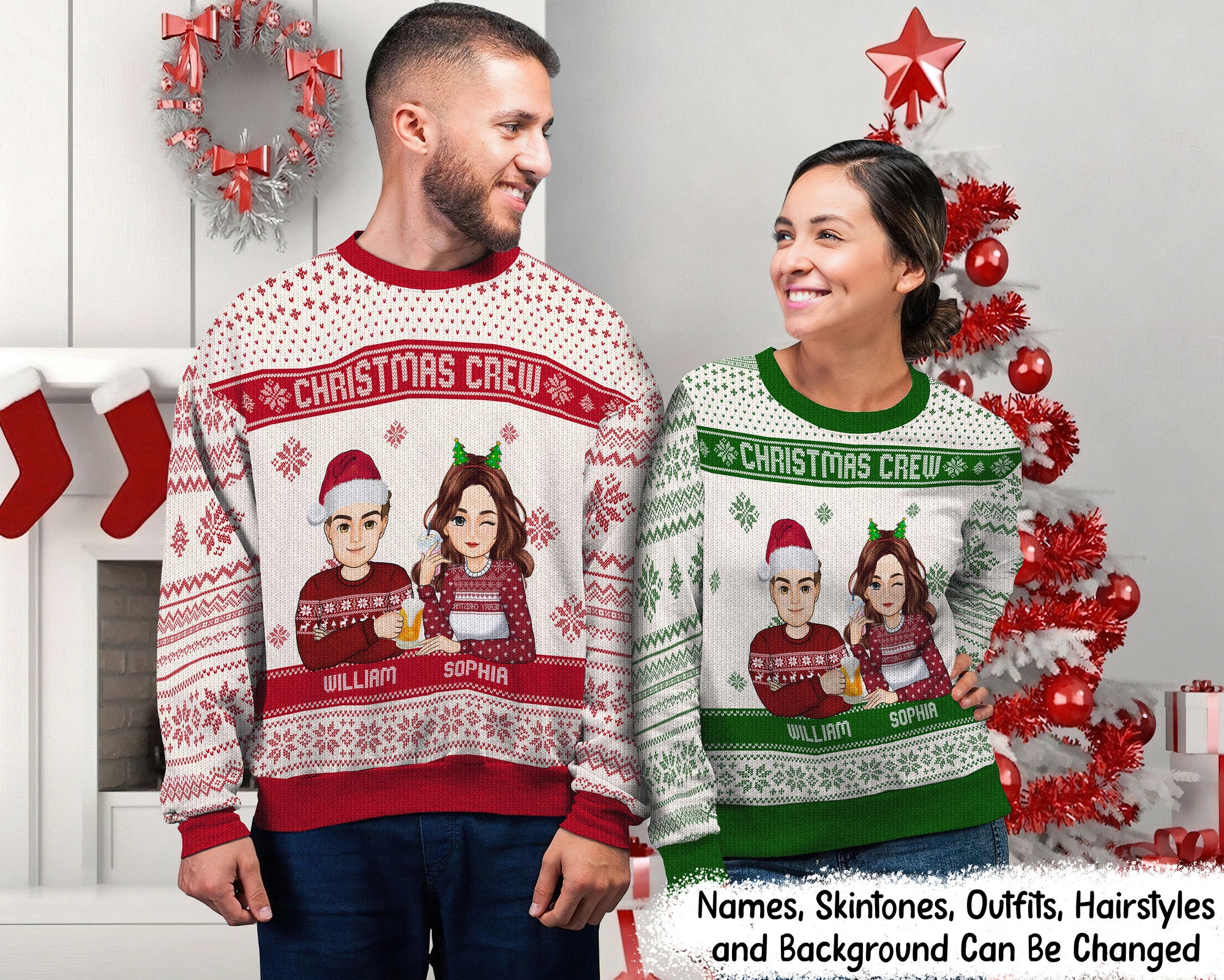 Christmas Cartoon Sitting Christmas Crew – Gift For Besties-Personalized Unisex Ugly Sweater-Friends Ugly Sweater,Friends Xmas Ugly Sweater