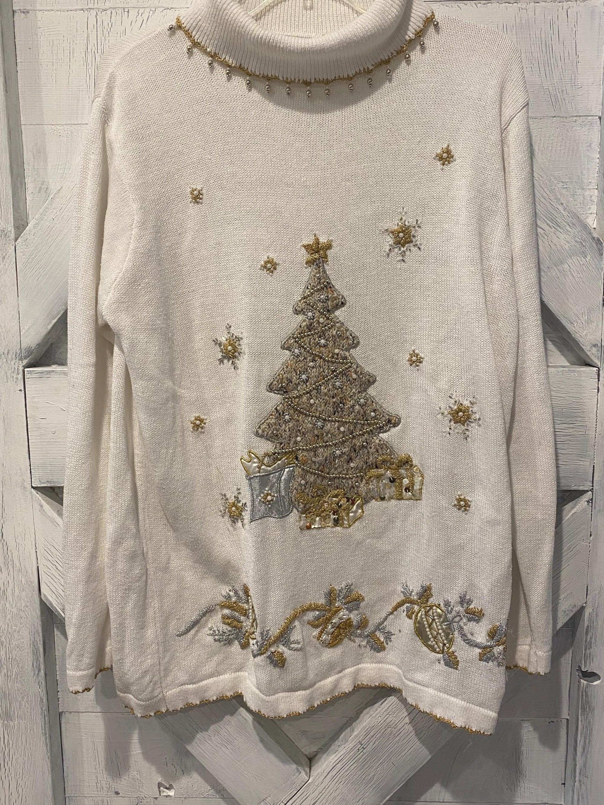 vintage white and gold Christmas sweater