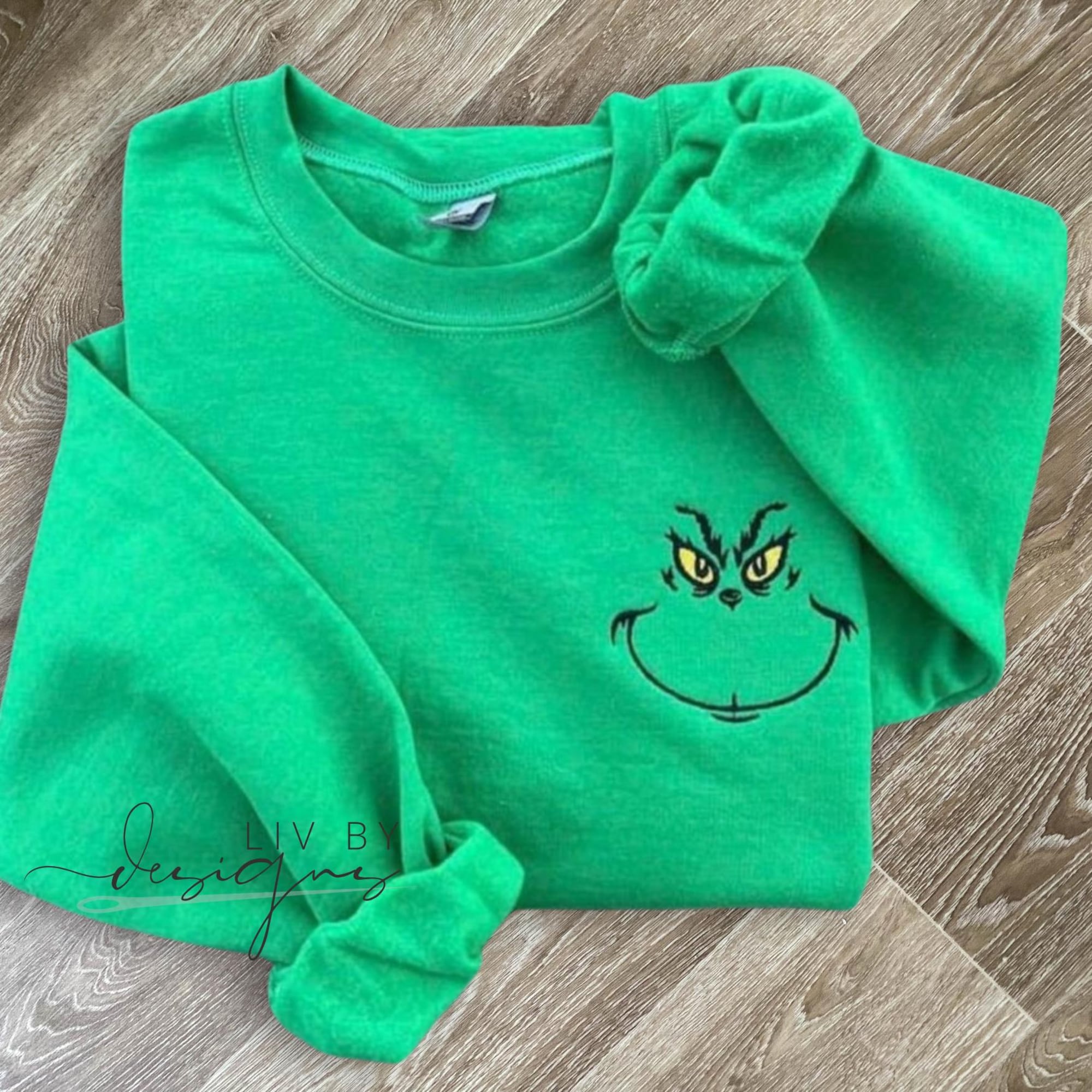 Embroidered Grinch Face Gildan Crewneck for the Holidays | Grinch Holiday Sweater