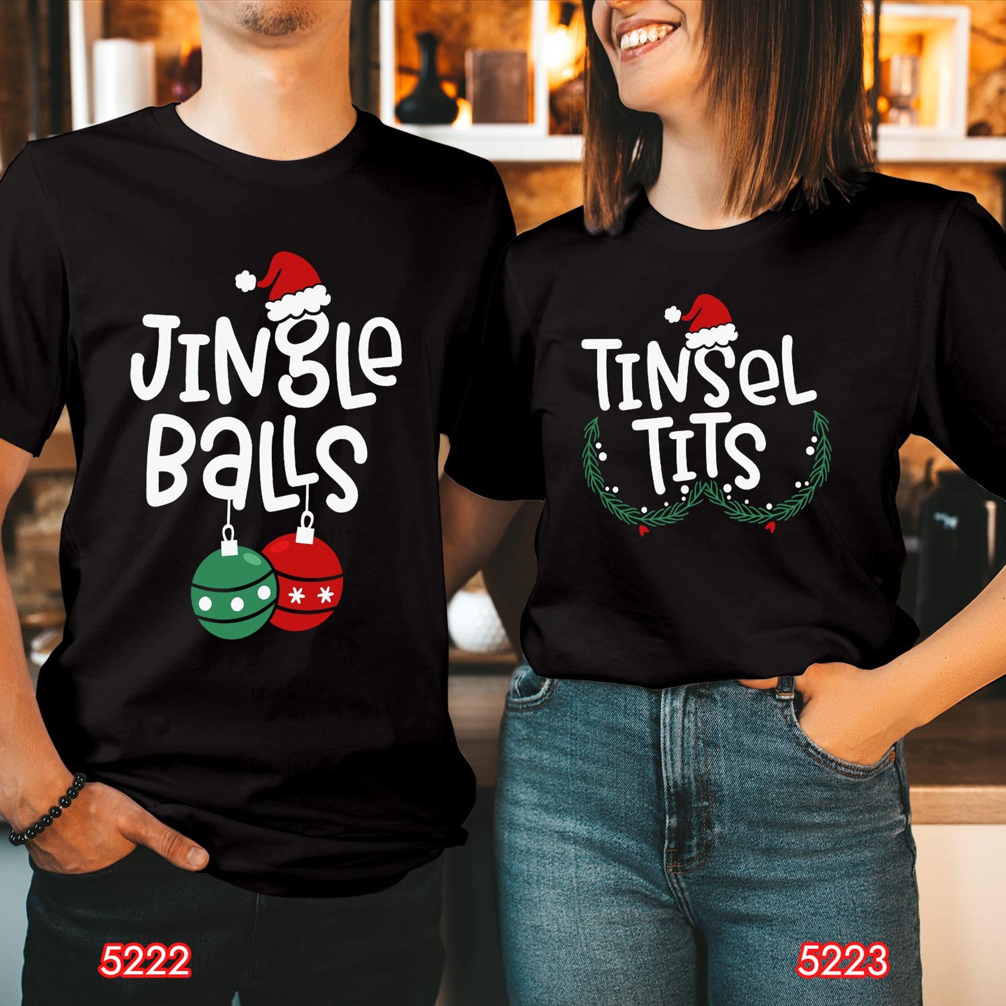 TSHIRT (5222_5223) Funny Christmas Couple T-Shirt, Jingle Balls & Tinsel Tits Outfit, Holiday Season Gift, Xmas Matching Family Gift Shirts