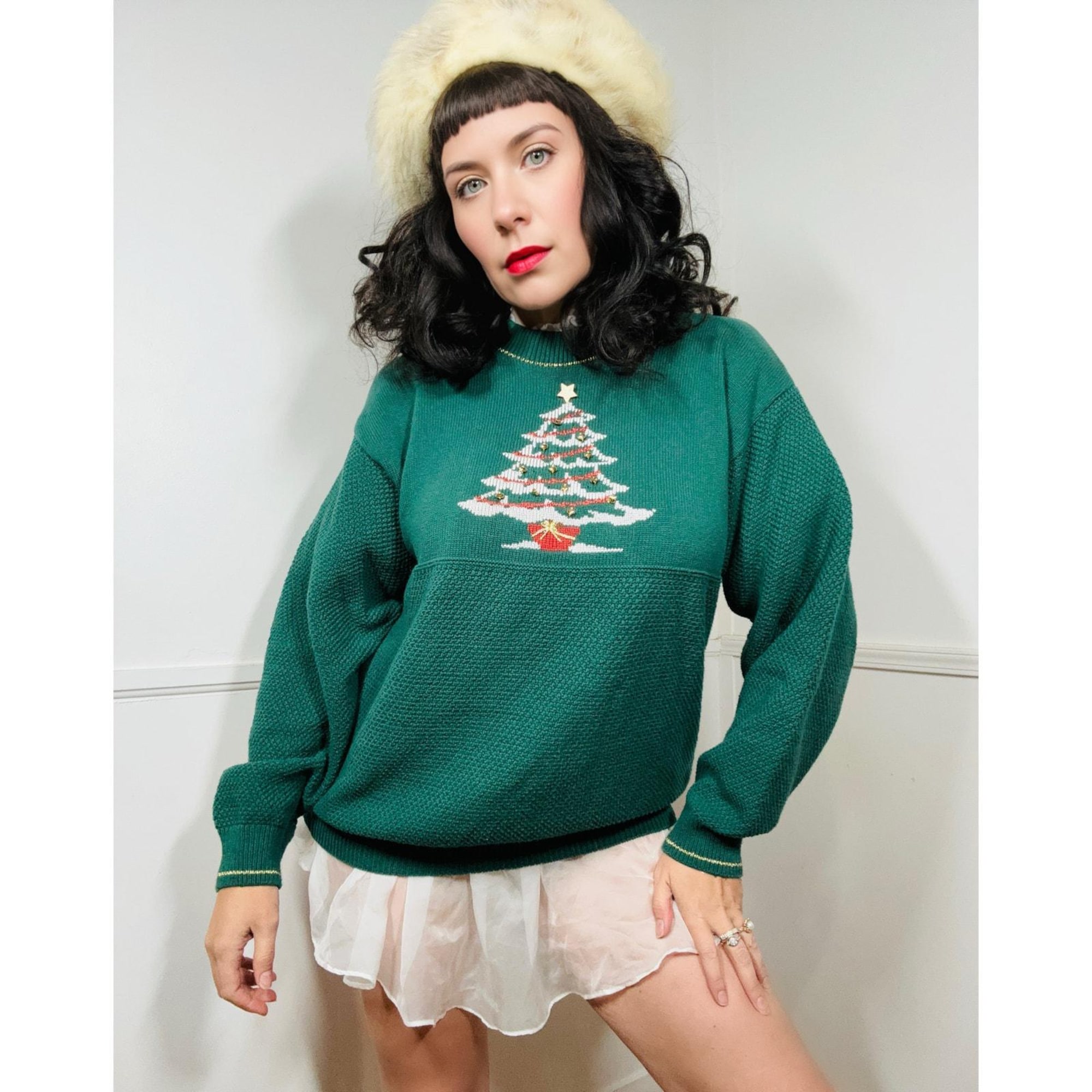 Extra Large 1990s Vintage Forest Green Christmas Tree Sweater