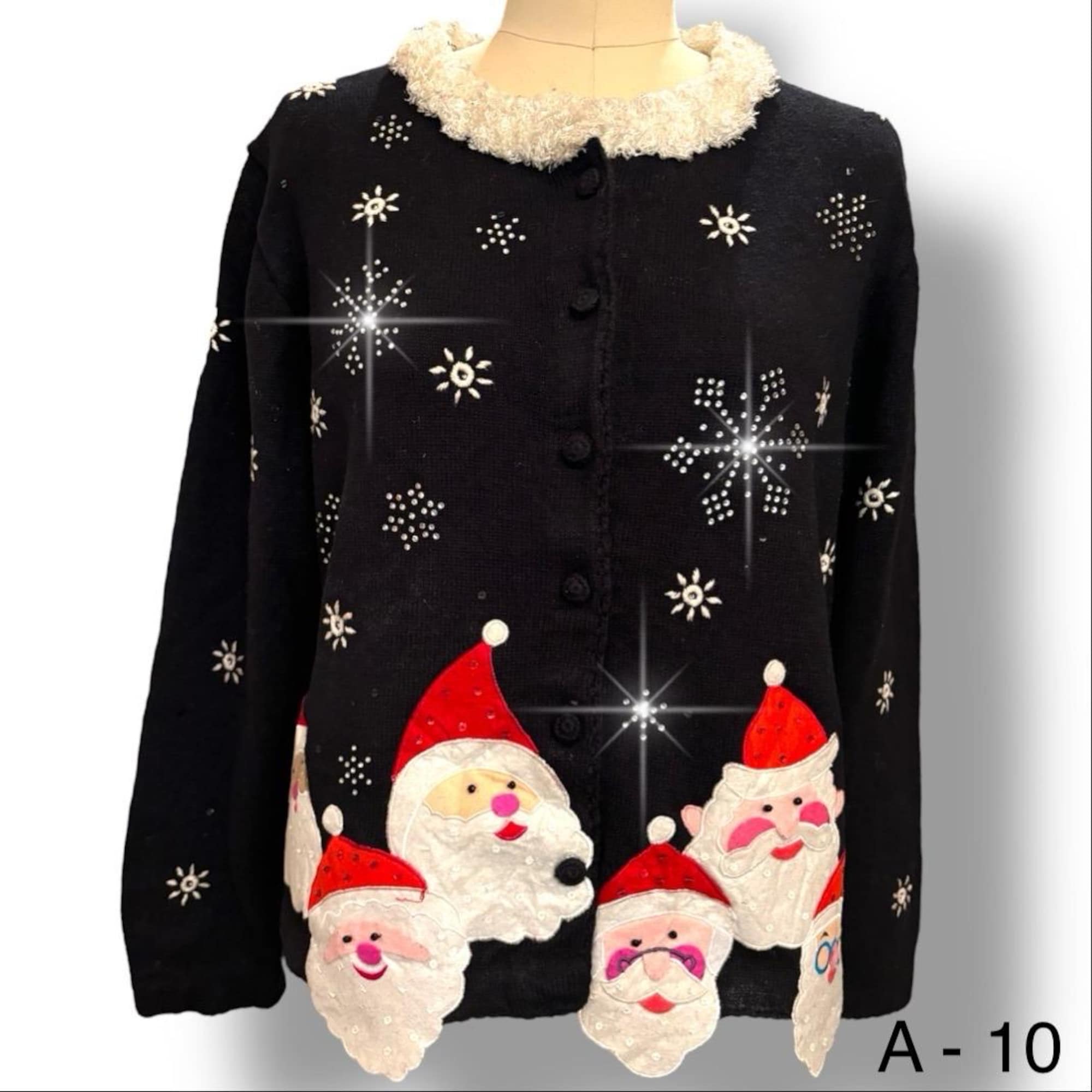 Vtg Black Ugly Christmas Sweater Santa Heads Heavy Rhinestones Snowflakes Sz L