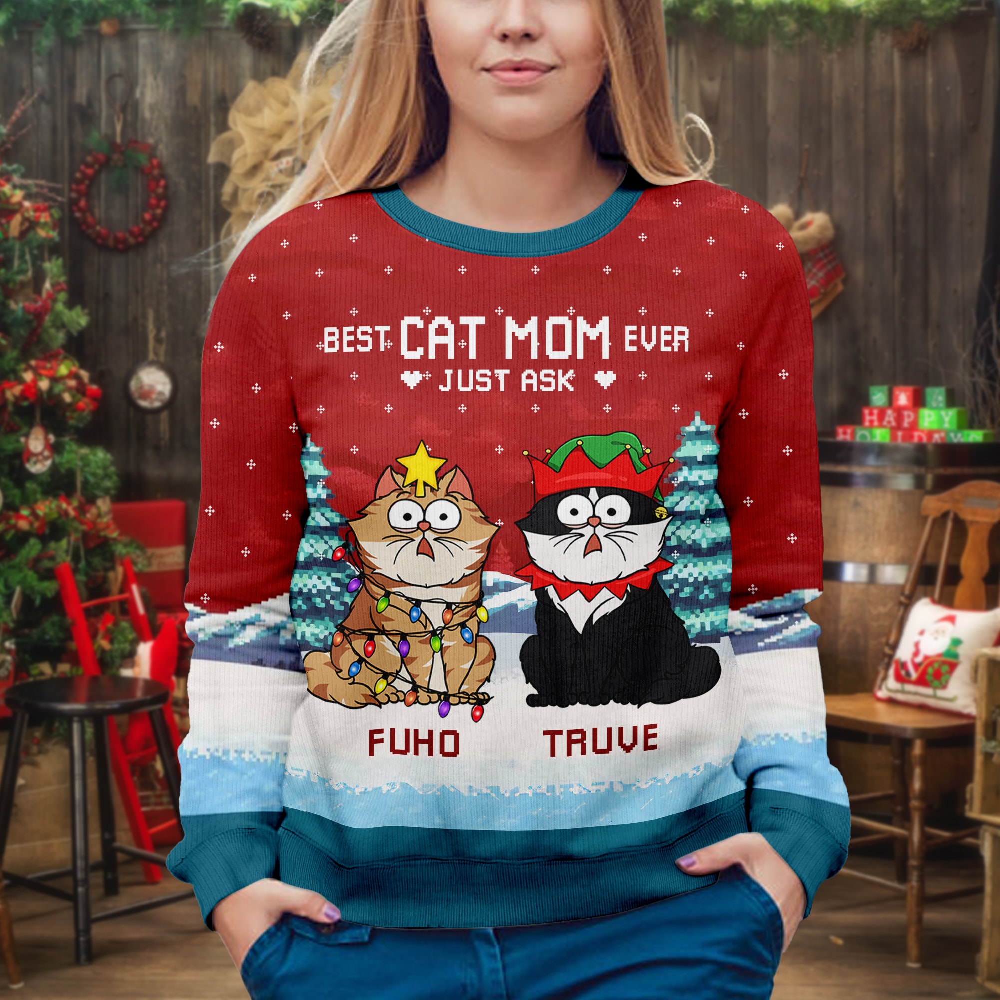 Personalized Cat Christmas Sweater: Funny “Meowy Catmas” Ugly Sweater