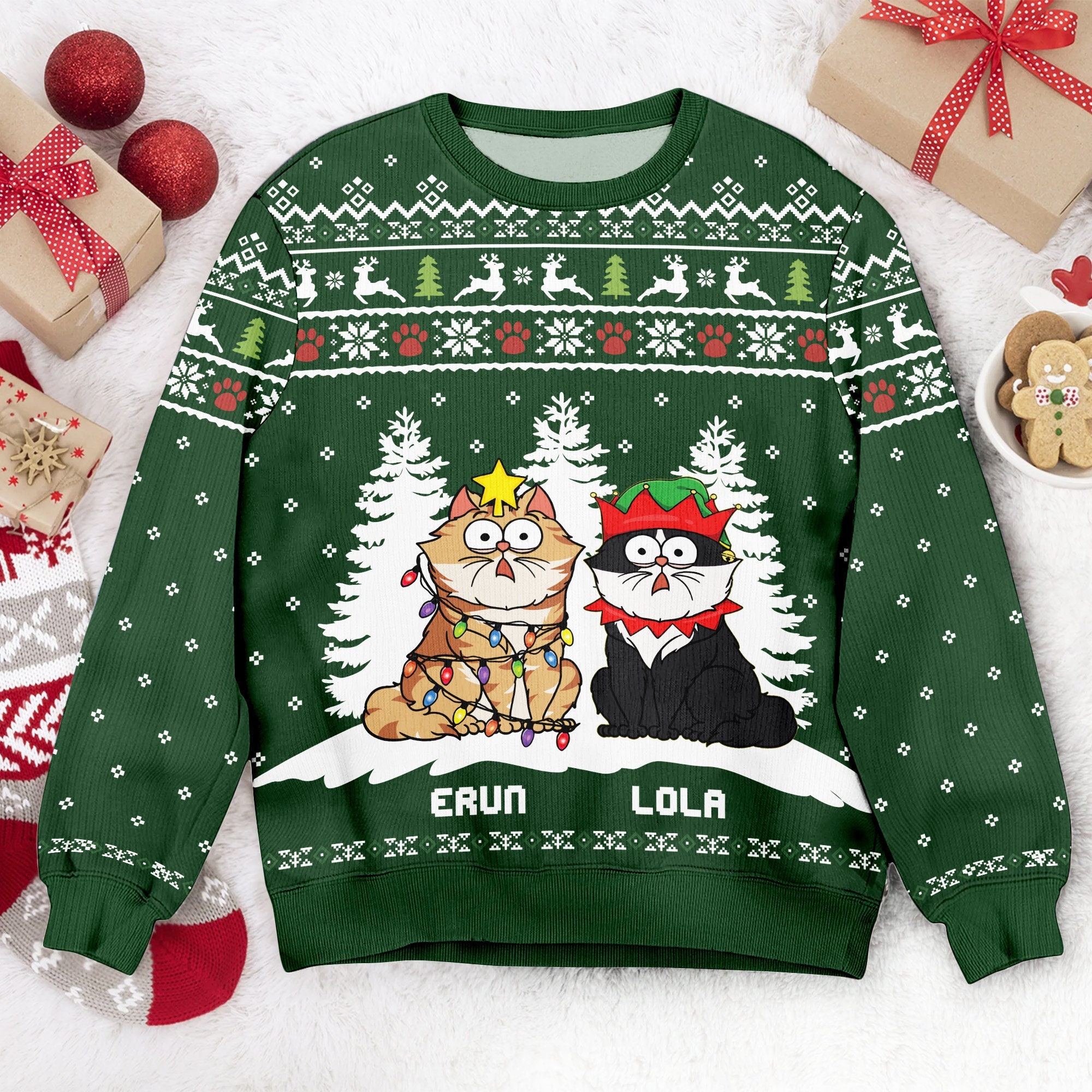 Personalized Meowy Catmas Ugly Christmas Sweater: Custom Cat Lover Gift