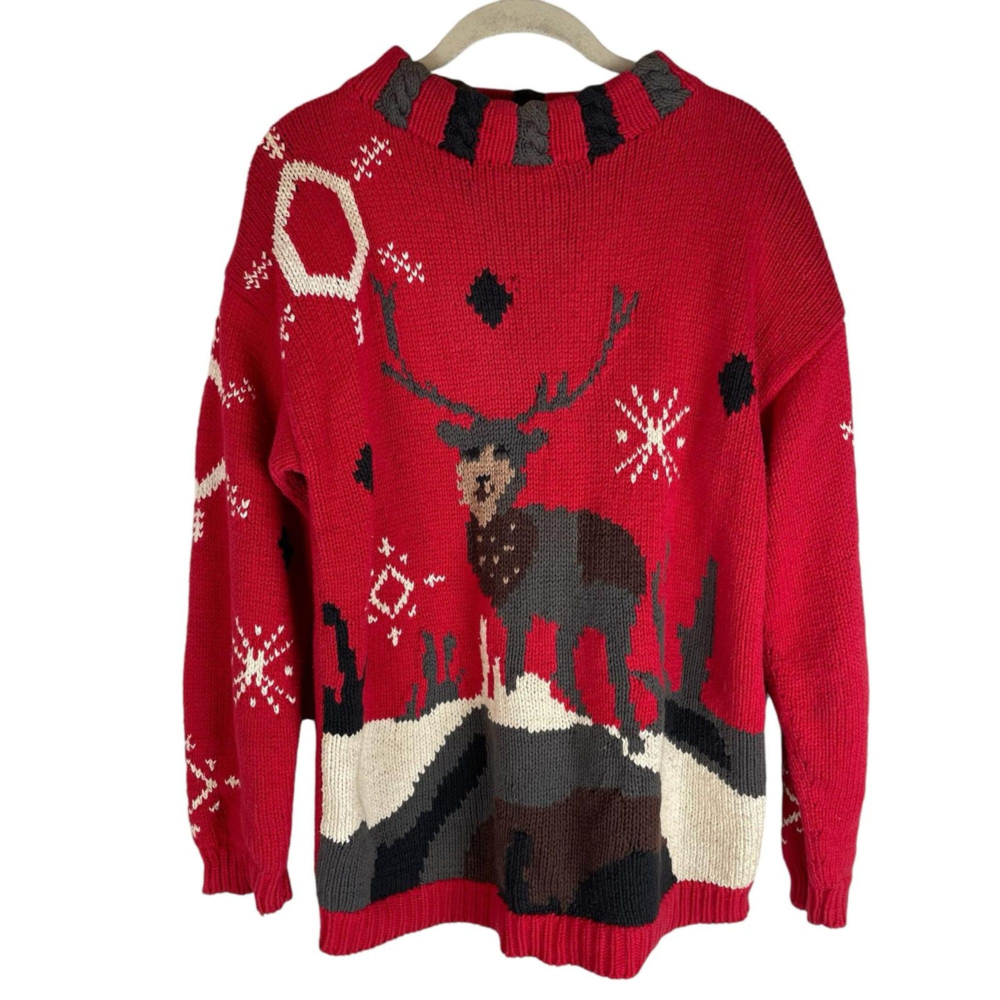 Vintage Neiman Marcus Christmas Reindeer mock neck hand knit sweater size small