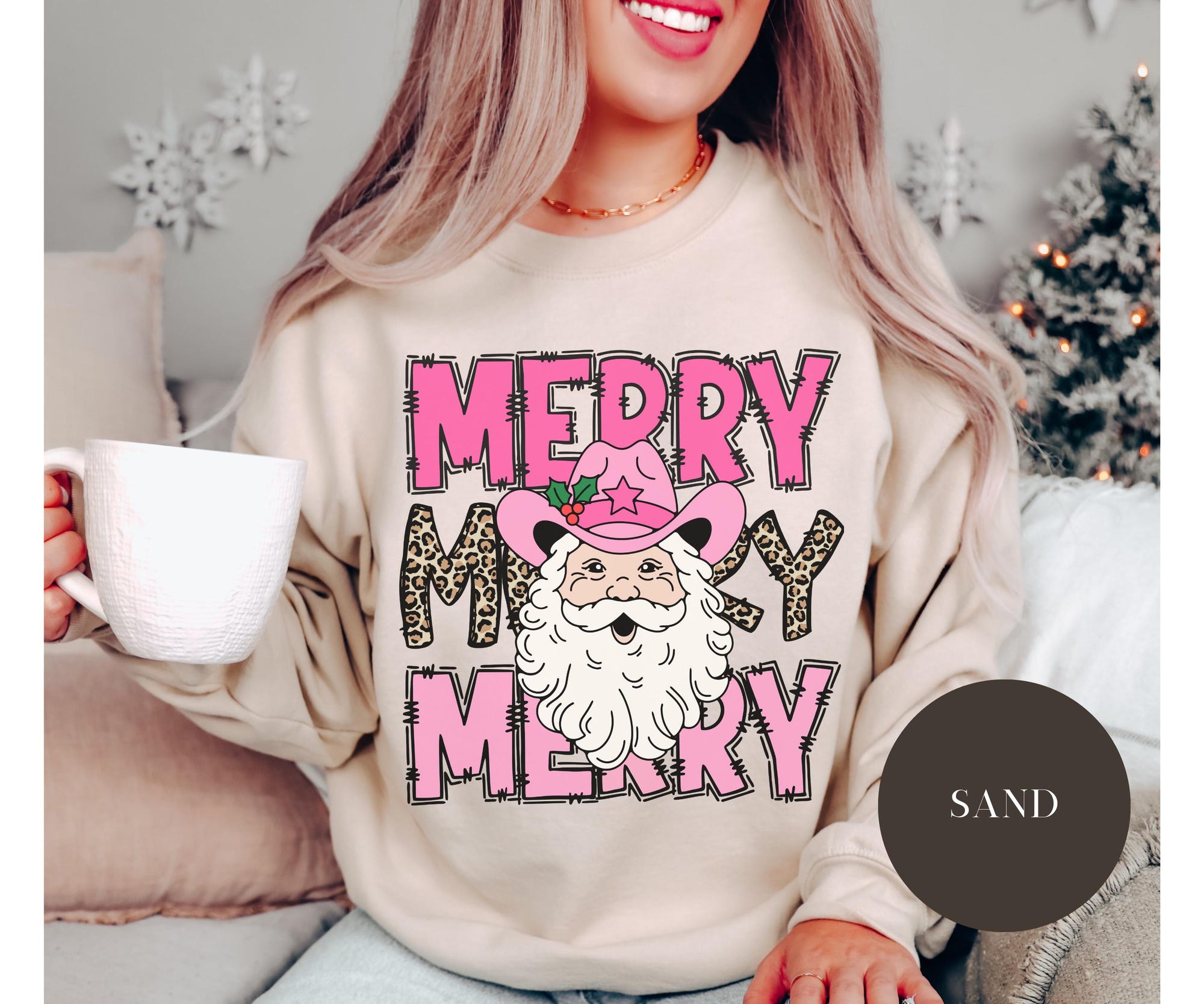 Merry Christmas Pink Cowboy Santa Sweatshirt, Leopard Western, Coquette Holiday, Western Lover Gift, Retro Vintage Style Howdy Cowgirl