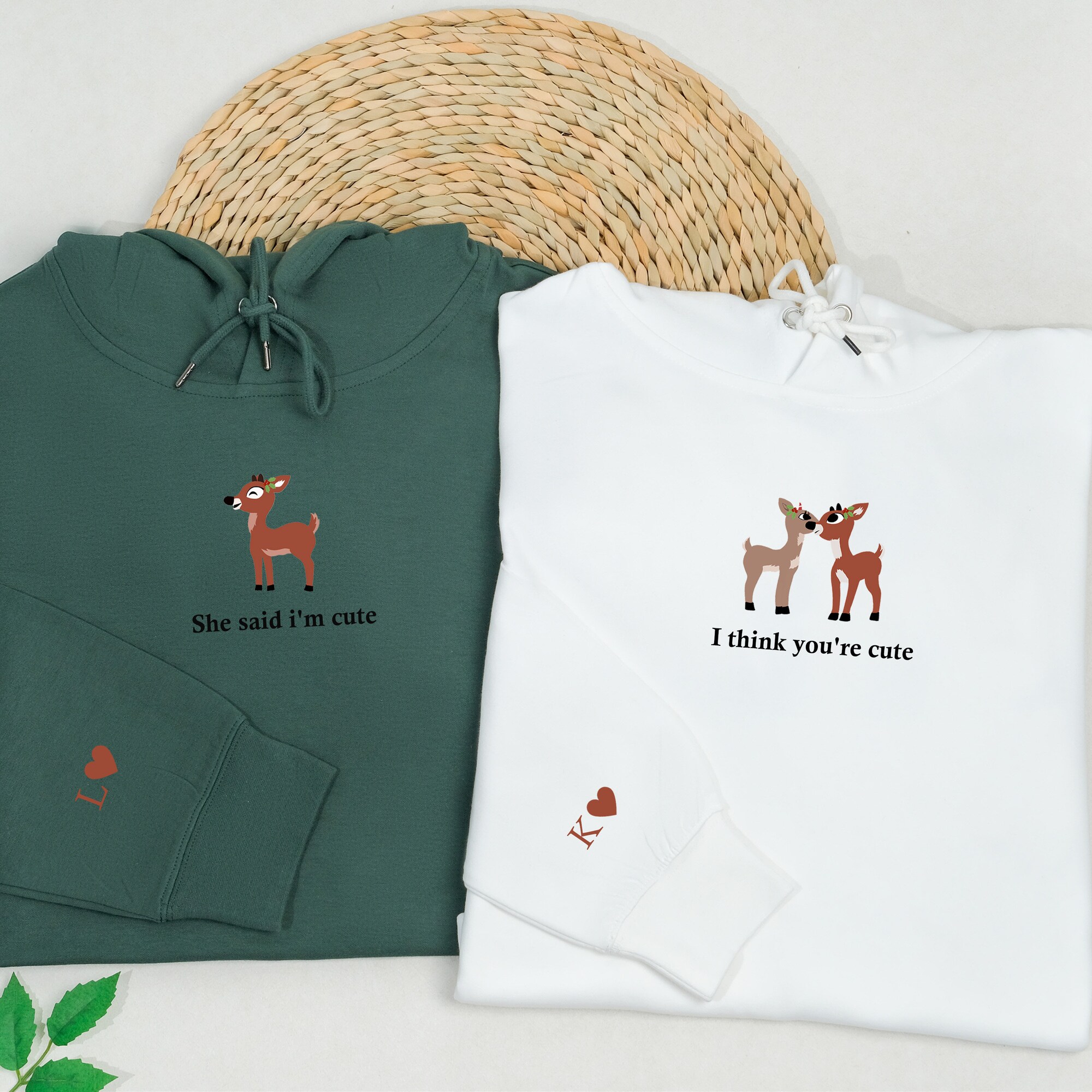 Embroidered Christmas Couple Sweatshirt,Custom Initial Heart on Sleeve Hoodie ,Funny Christmas Sweatshirt ,Embroidered Reindeer Hoodie