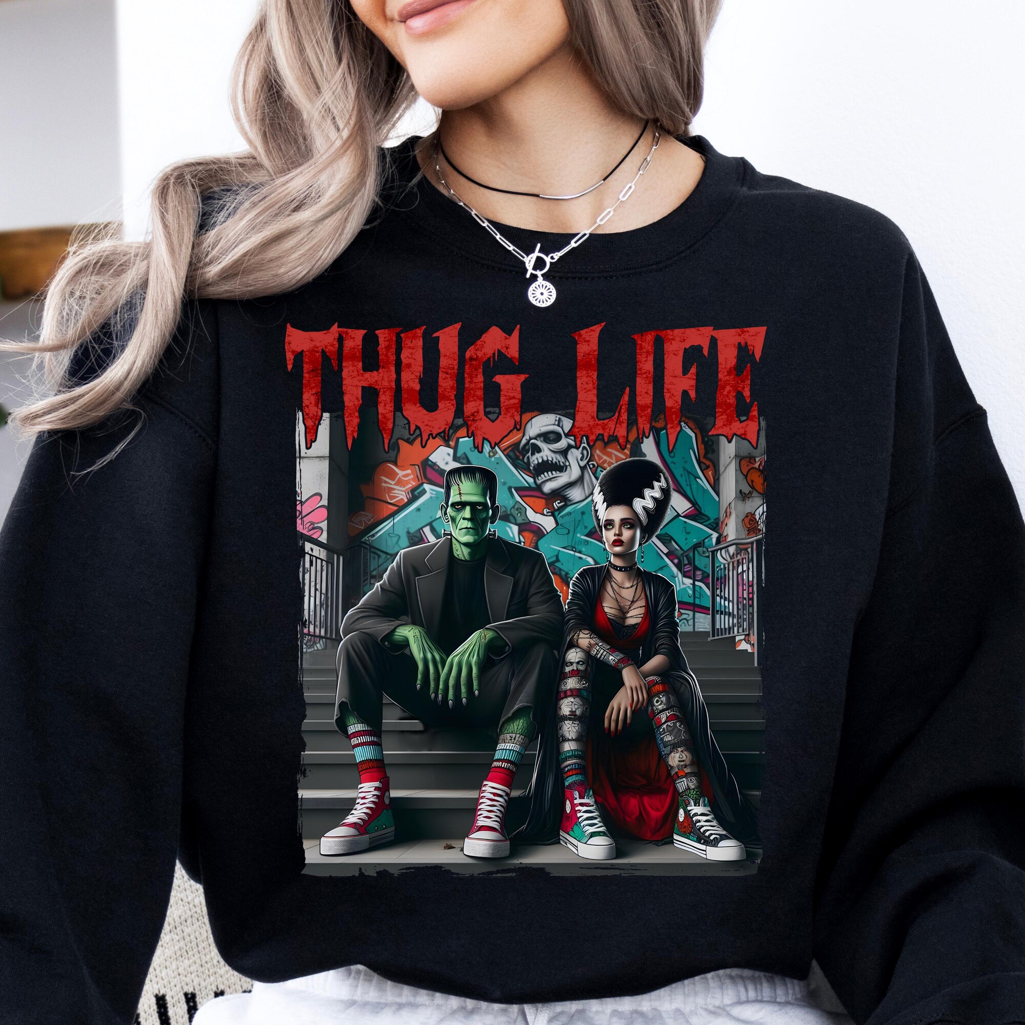 Funny Frankenstein and Bride Sweatshirt, Classic Monsters, Goth, Gothic, Alternative, Rockabilly, Horror Icons, Thug Life, Unisex, Crewneck