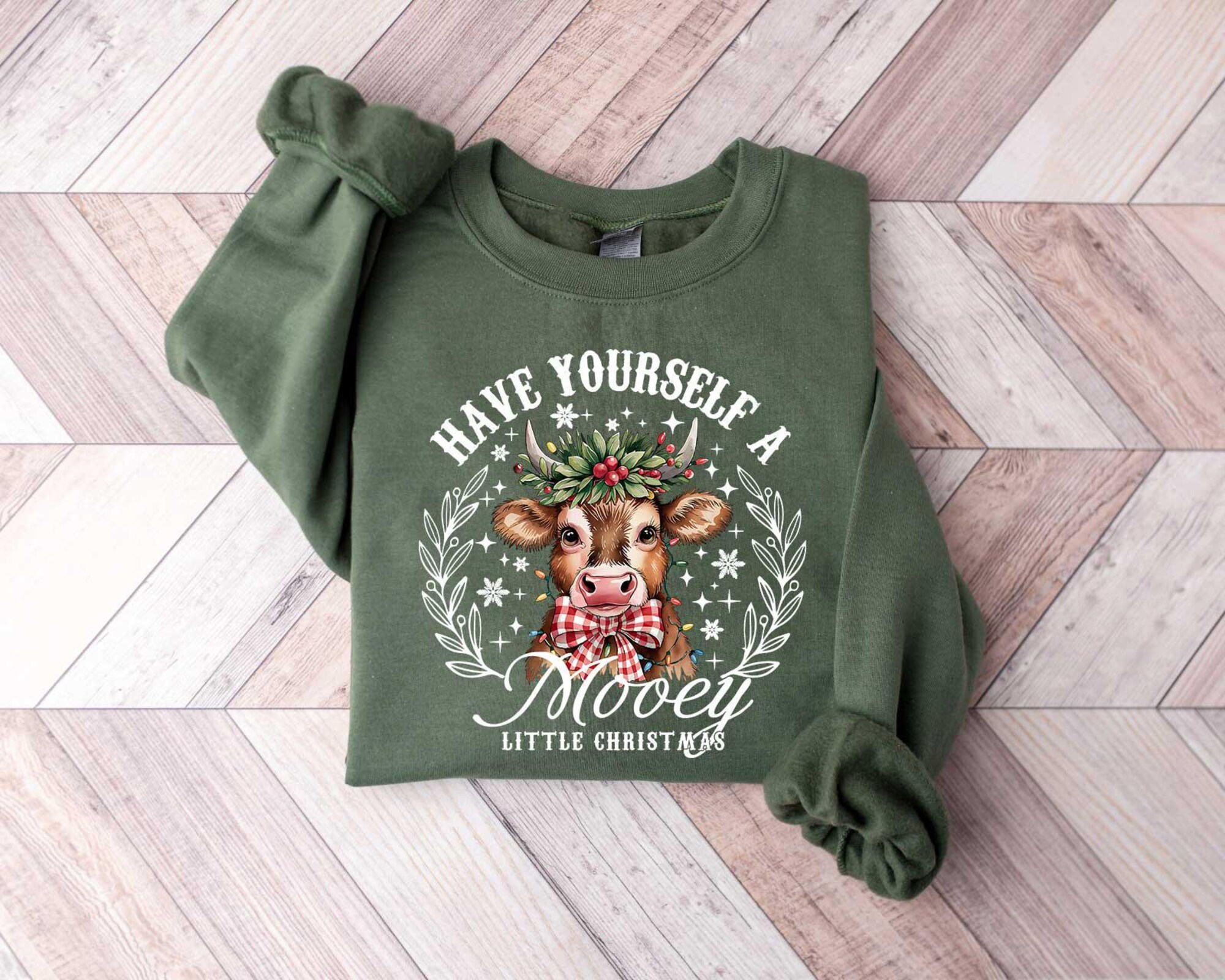 Have Yourself A Mooey Little Christmas Sweatshirt – Coquette Country Christmas Shirt – Cow Lover Christmas Gift, Christmas Cow Shirt