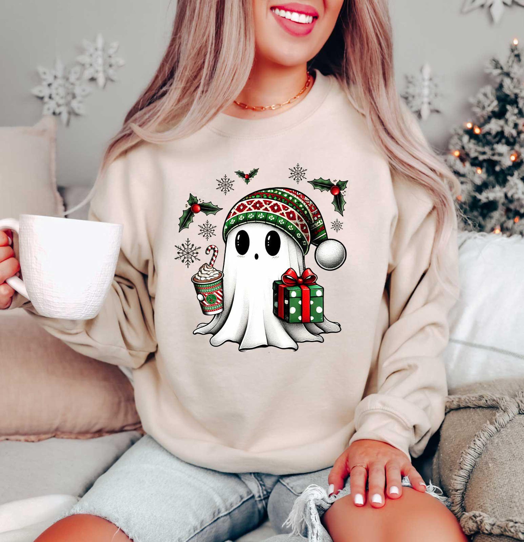il_2000xN.6312842986_1ipl-1.jpg Ghost Santa Christmas Sweatshirt, Christmas Ghost Gift, Holiday Gift, Xmas Gift, Christmas Sweatshirt, Halloween Ghost Sweatshirt