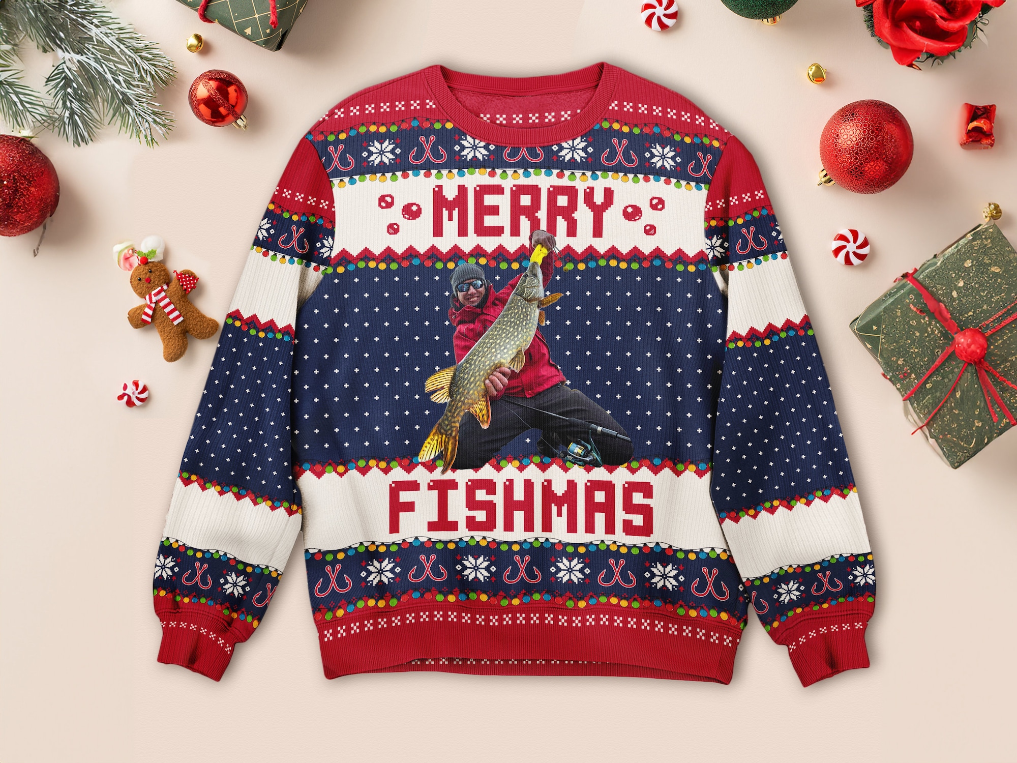 Personalized Fishing Christmas Ugly Sweater: Merry Fishmas Photo Jumper