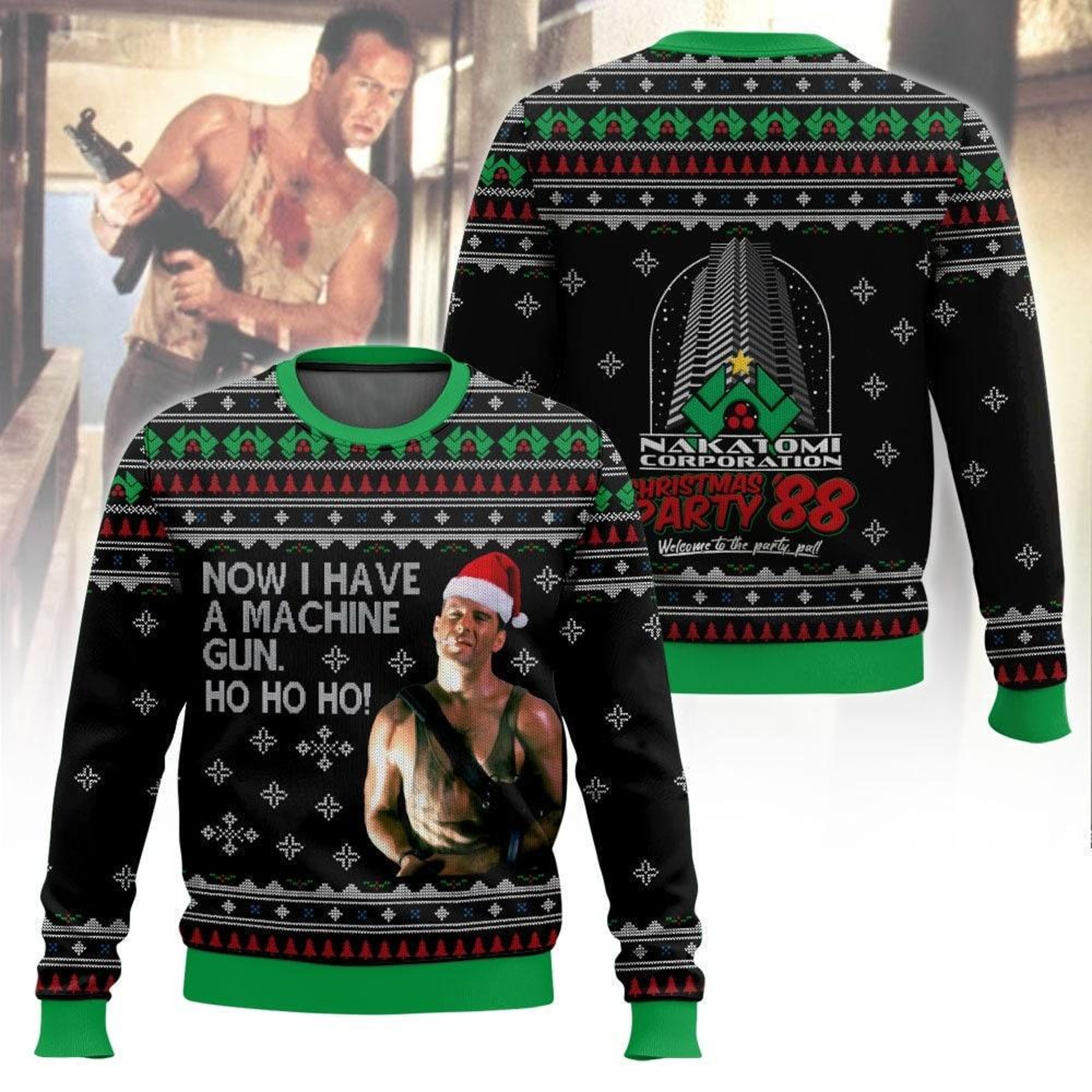 Die Hard John Mcclane Ugly Sweater, Yippee Ki Yay Xmas Nakatomi Plaza Sweater, Bruce Willis Machine Gun Sweater, Christmas Gift