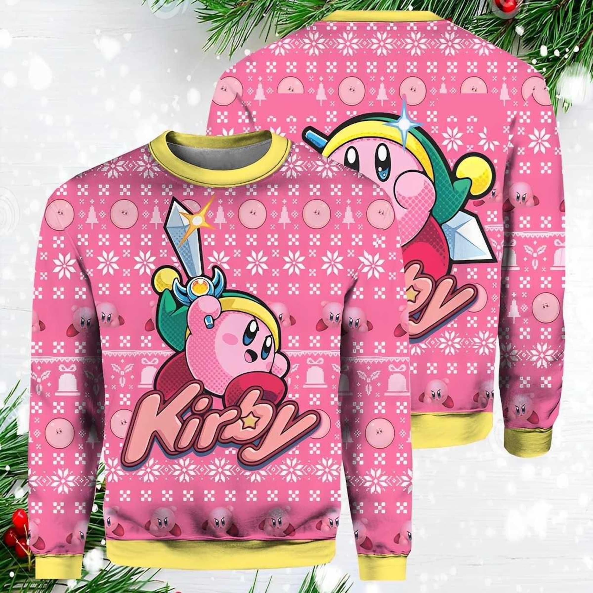 Cute Pink Hungry Kirby Ugly Christmas Sweater, Kirby Santa Claus Sweater, Video Game Christmas Ugly Sweater, Gaming Xmas Gift