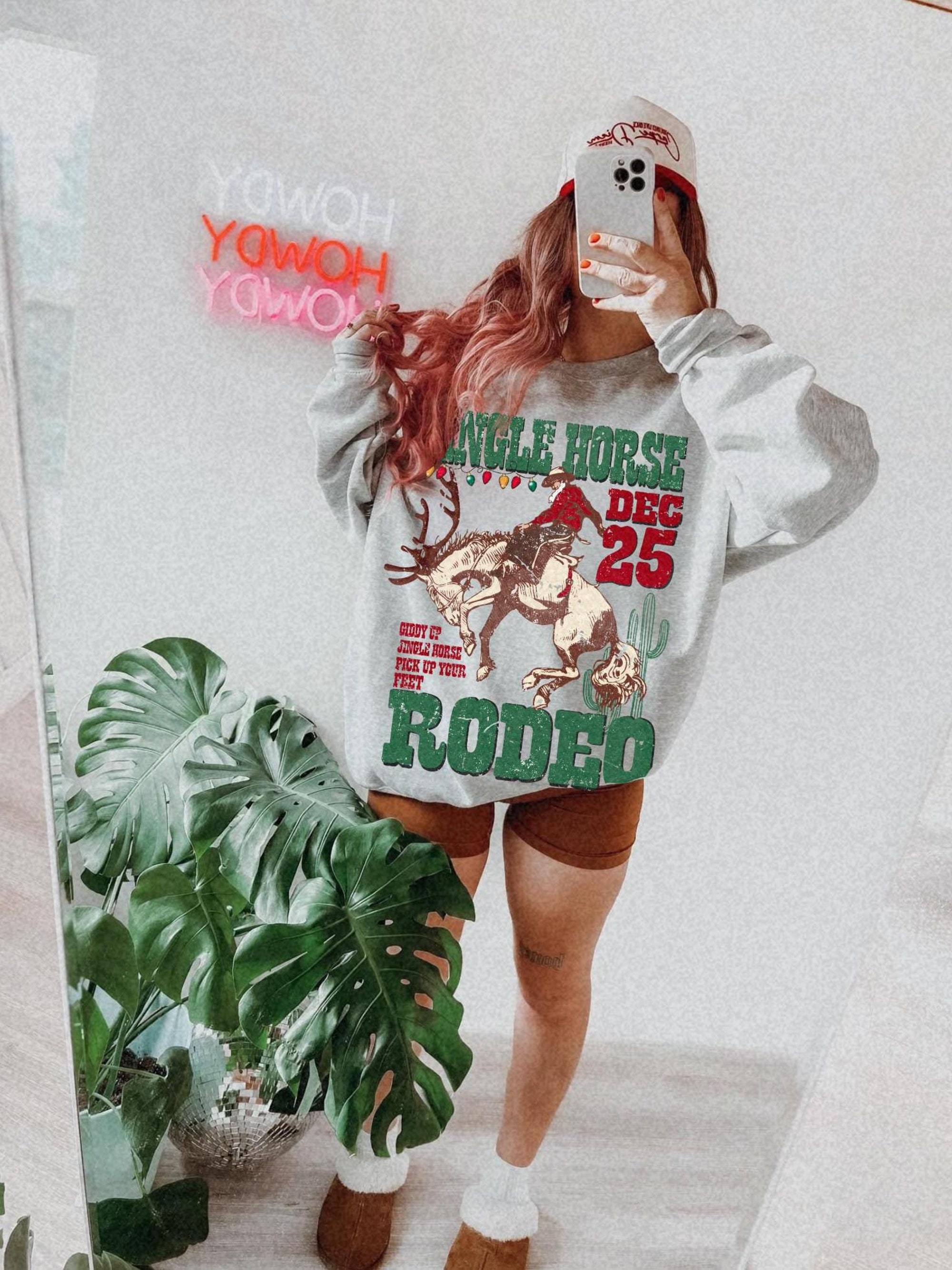 Jingle Horse Rodeo Sweatshirt Western Christmas Cowboy Santa Claus Shirt Oversized Vintage Christmas Crewneck Giddy Up Secret Santa Gifts