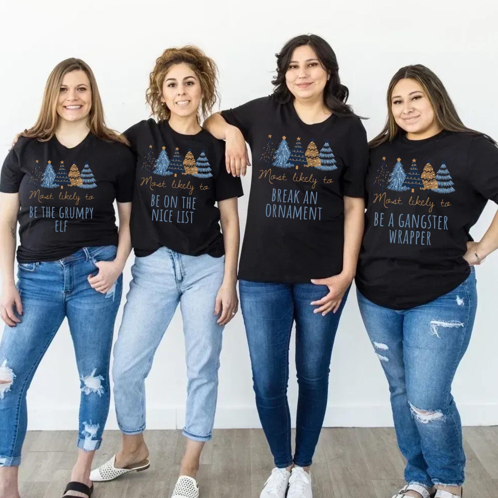 Family Group Christmas Shirt, Matching Christmas outfits Shirts, Most Likley To Funny Christmas T-Shirts, Blue and Gold Christmas Trees Tops