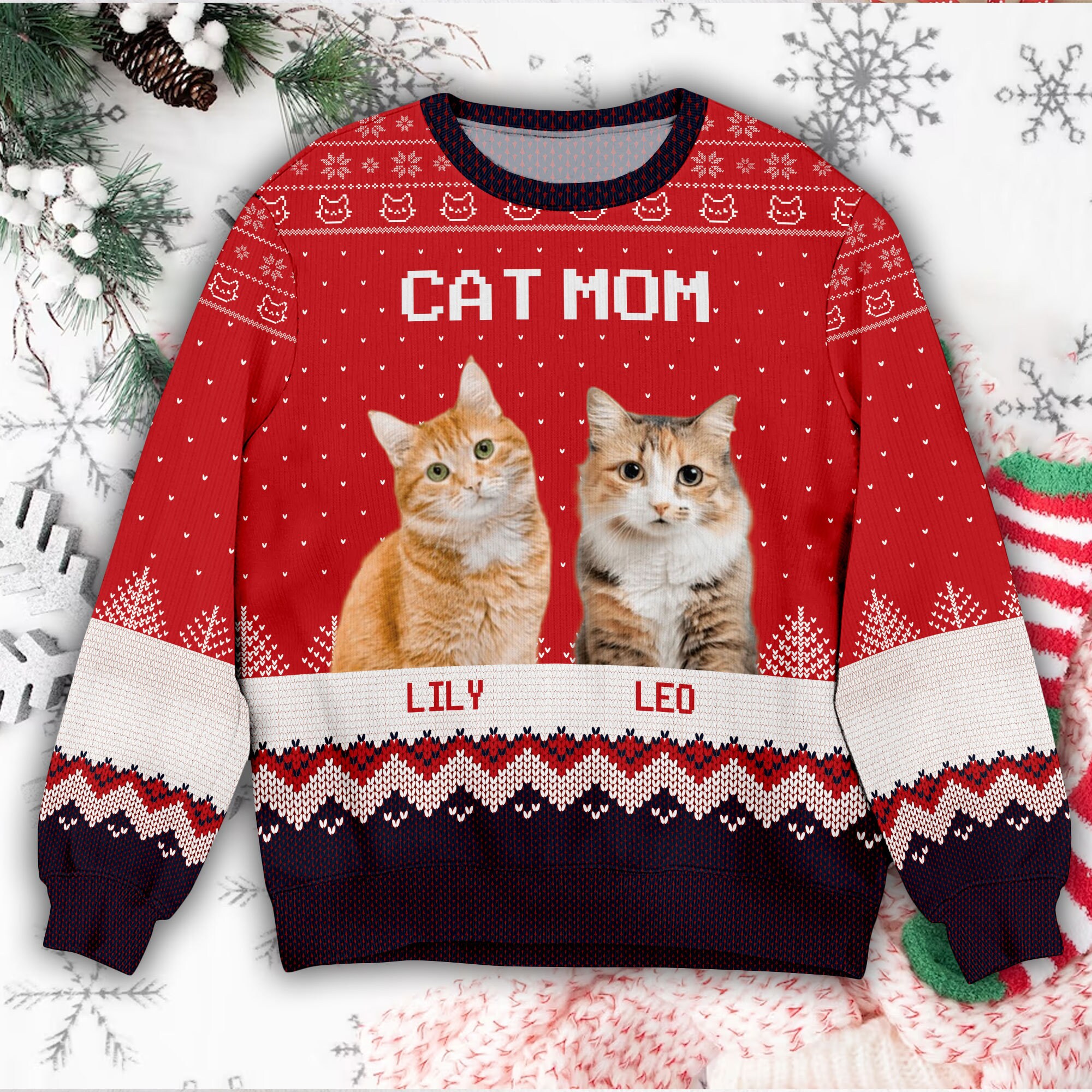 Custom Photo Christmas Ugly Sweater: Cat Mom, Cat Dad, Thanksgiving Gifts, Christmas Gift, Present For Cat Lovers