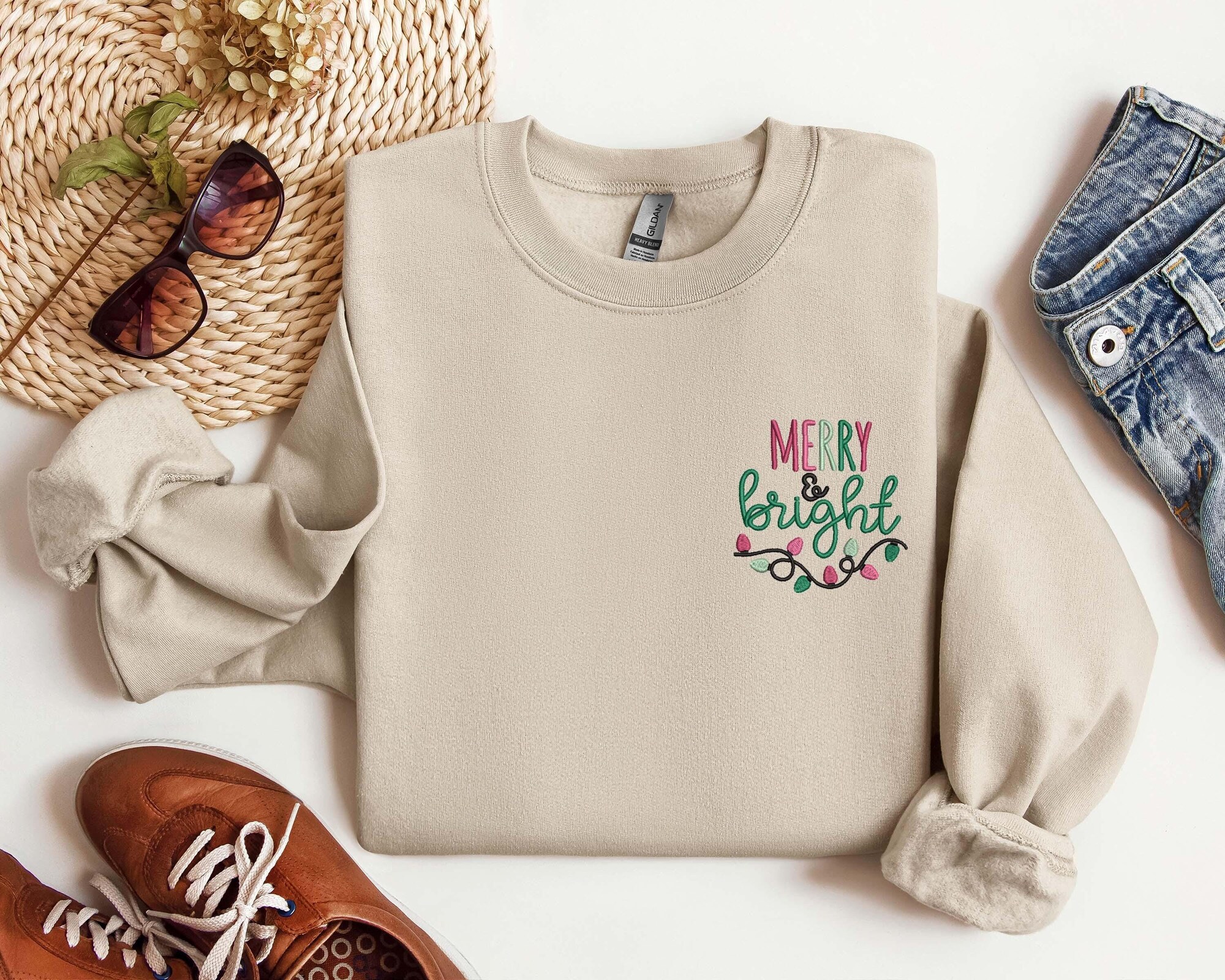 Embroidered Merry And Bright Christmas Sweatshirt, Embroidered Christmas Shirt, Believe Christmas Tee, Merry Christmas, Merry And Bright