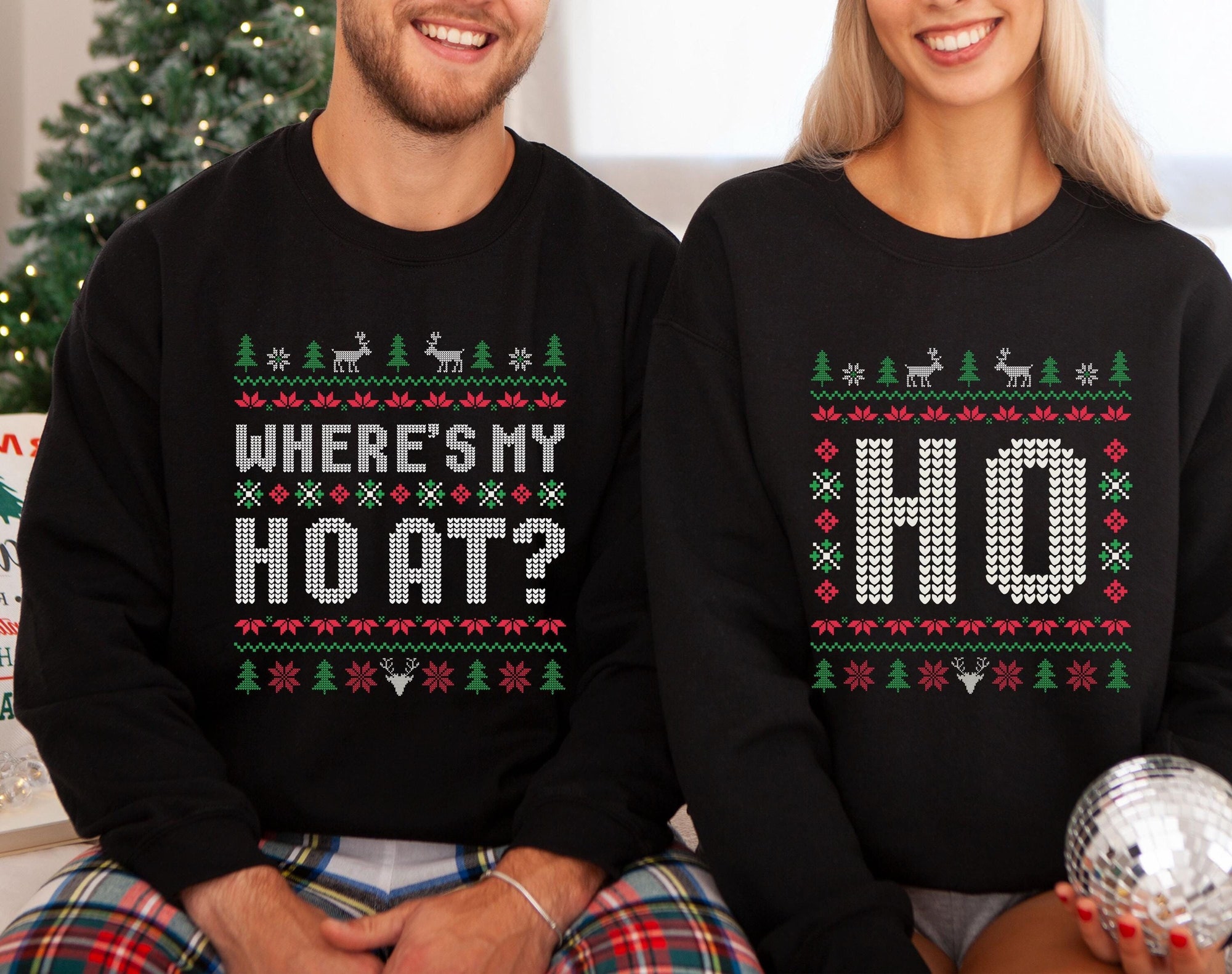 Funny Couple Ugly Christmas Sweater, Where’s My Ho At Ugly Sweater, Ho Sweater Humorous Couples Matching Fun Holiday Apparel Holiday Party