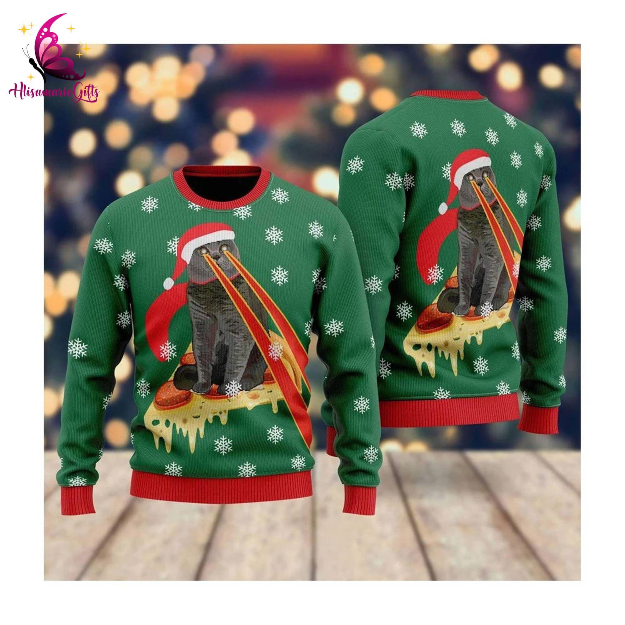 Pizza Cat With Laser Eyes Christmas Ugly Sweater | Pizza Cat With Laser Eyes All Over Print Sweater | Xmas Sweater | Christmas Gift