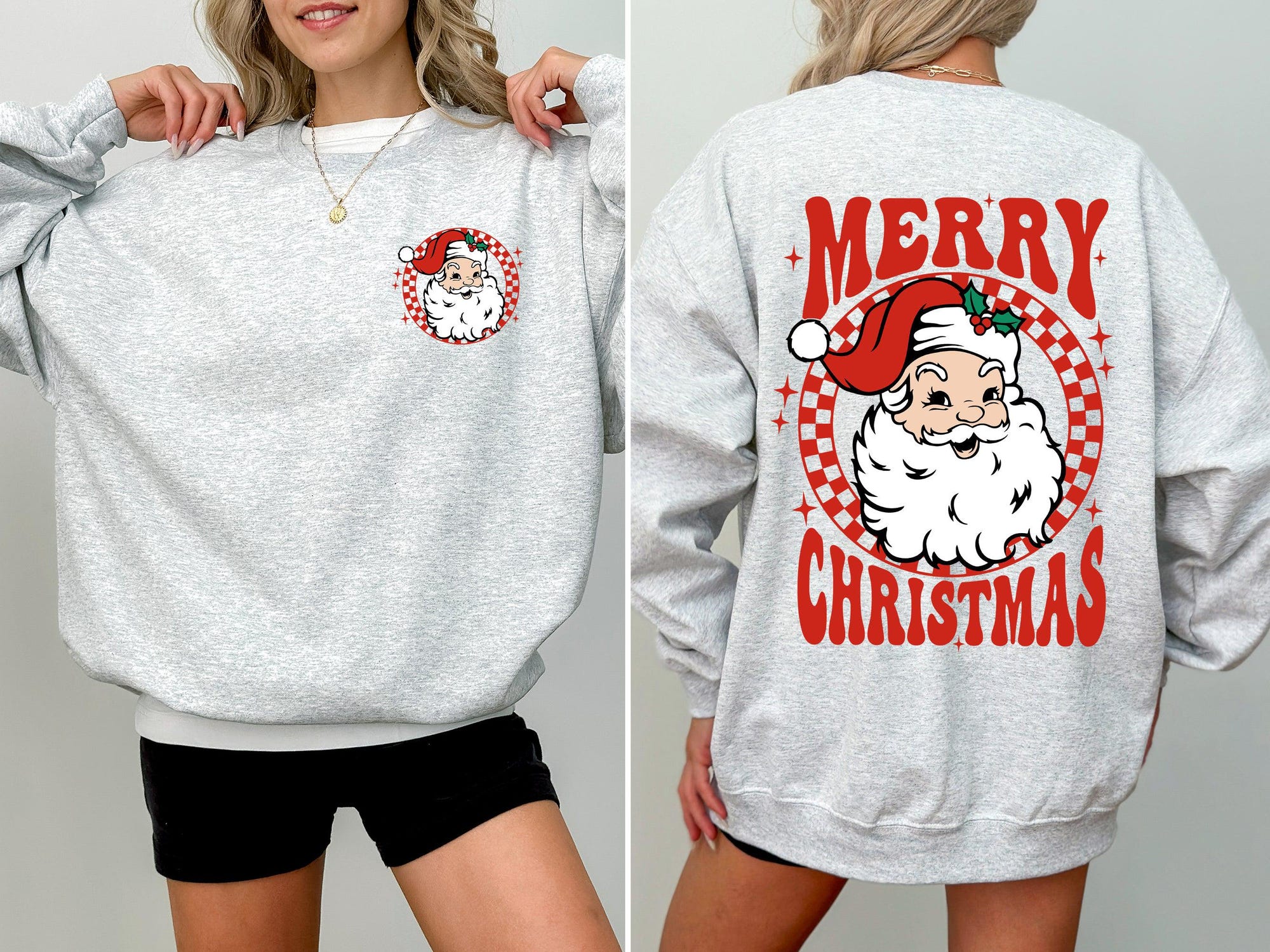 Retro Santa Checkered, Front and Back, Merry Christmas, Winter, Snow, Xmas Sweatshirt, Crew Neck, Santa, Snow, Winter, Pull Over