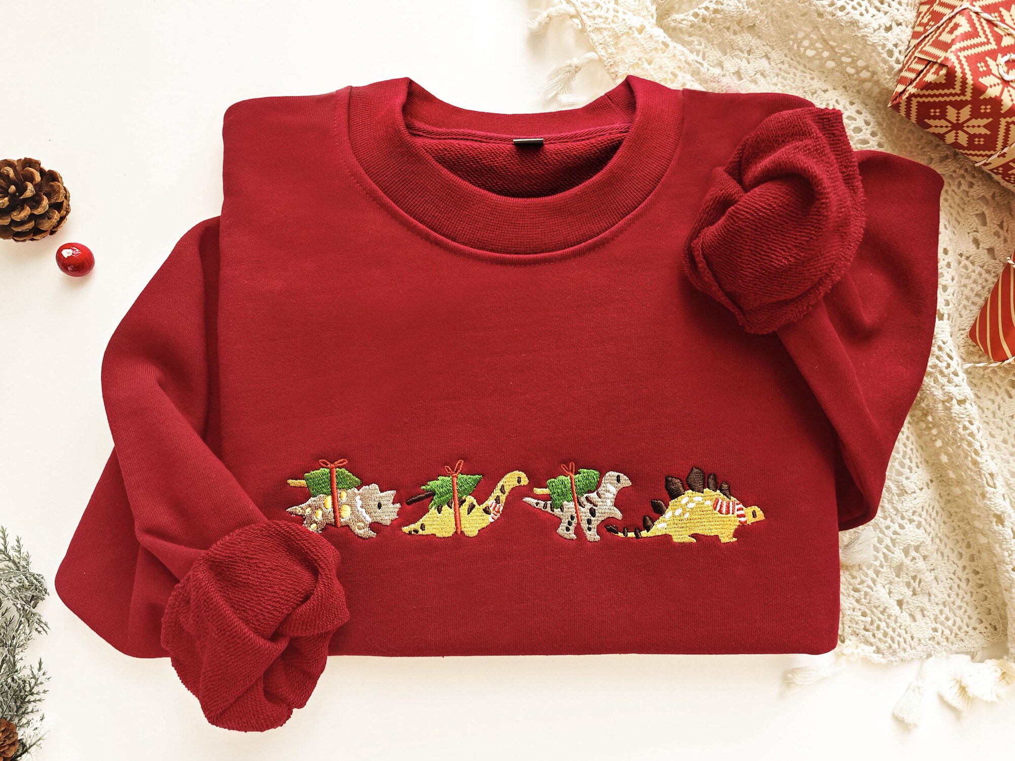 Christmas Dinosaur Embroidered Sweatshirt, Embroidered Dino Family Crewneck Sweatshirt,Adult dinosaur shirt,Dino gift, Best gifts for her