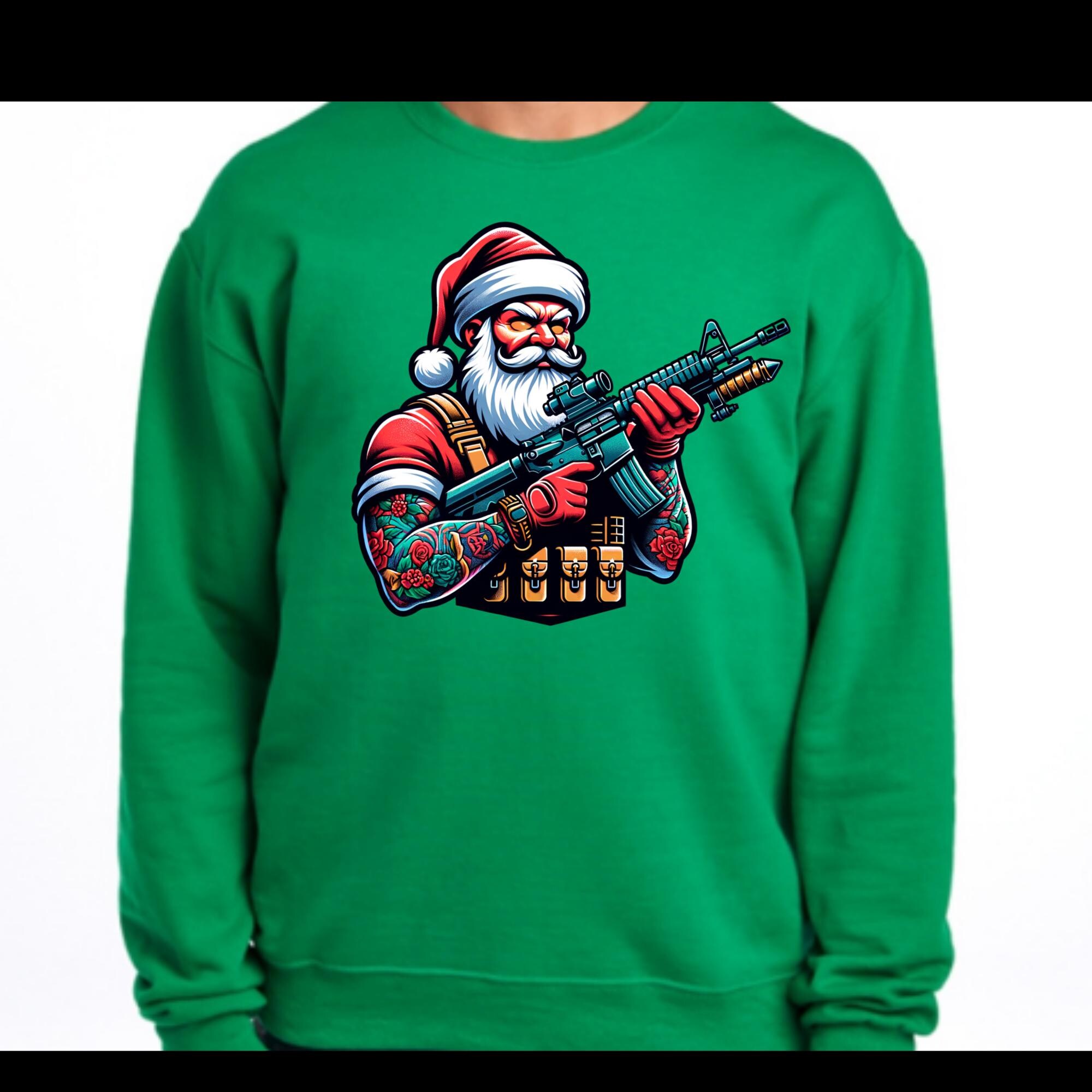 il_2000xN.6354448941_llaf-1.jpg Awesome Santa Sweater - Christmas Sweater - Men's Christmas Sweater - Ugly Christmas Sweater - Christmas Sweater - Gun Santa Sweater