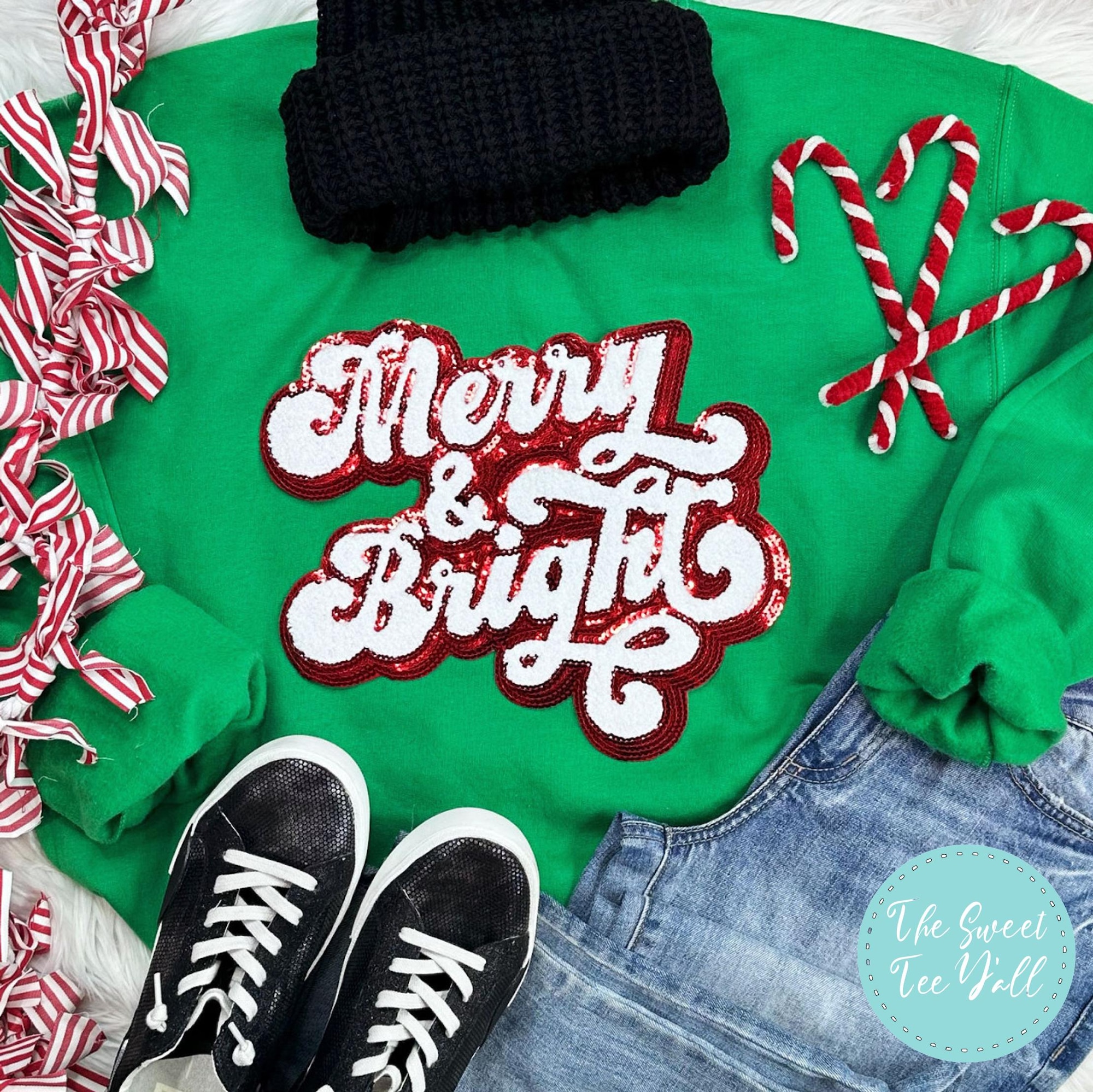 Merry & Bright Sequin Crew Neck Sweatshirt – Chenille Sweatshirt – Christmas Sweatshirt – Merry and Bright Sequins – Christmas Sequins