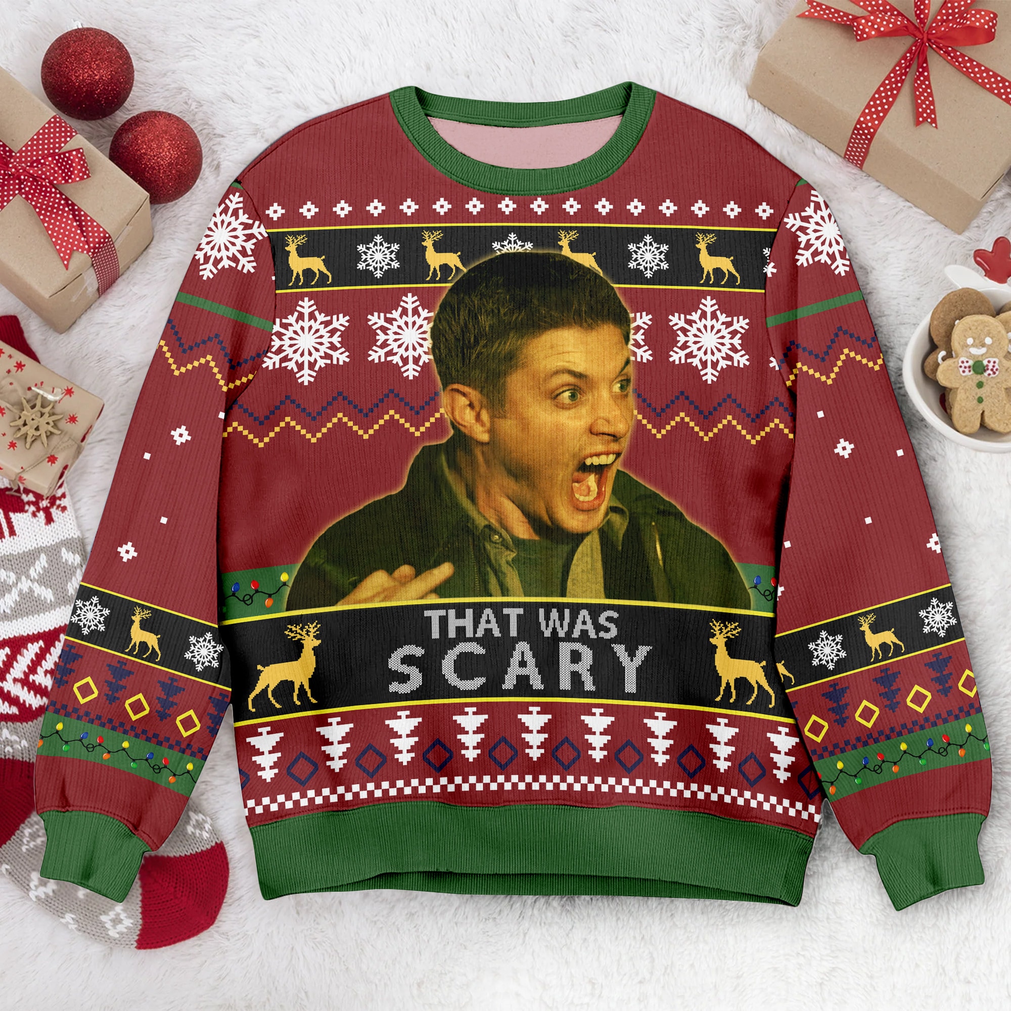 Dean Winchester ‘That Was Scary’ Ugly Christmas Sweater: Vintage Movie Quote