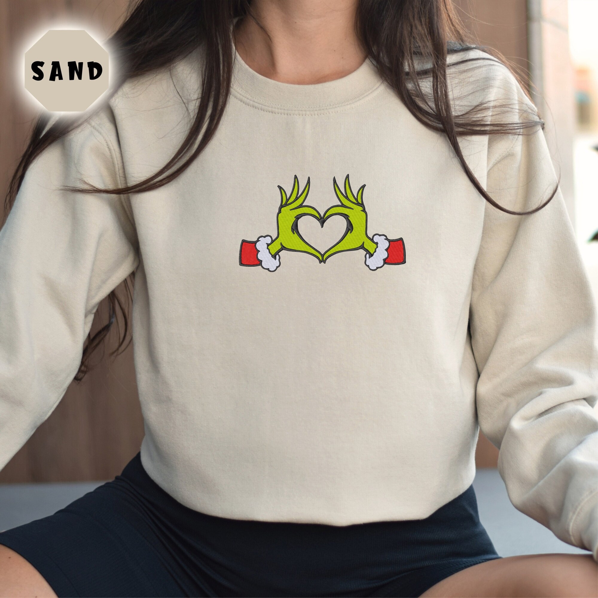 Embroidered Grinch Christmas Heart Sweatshirt, Grinch Love Sweatshirt, Christmas Grinch Crewnecks, Christmas Family 2024 Sweatshirts