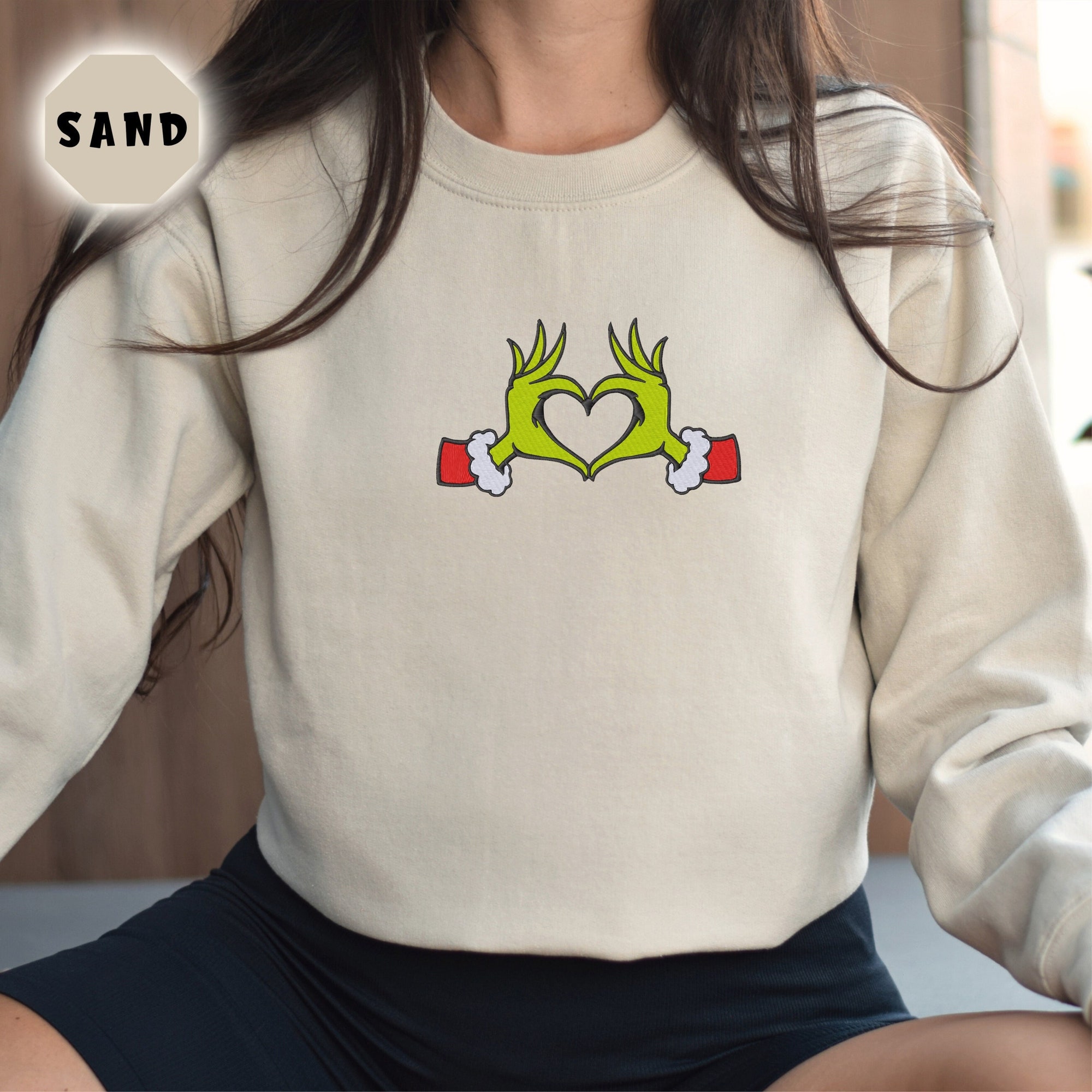 Embroidered Grinch Christmas Heart Sweatshirt, Grinch Love Sweatshirt, Christmas Grinch Crewnecks, Christmas Family 2024 Sweatshirts