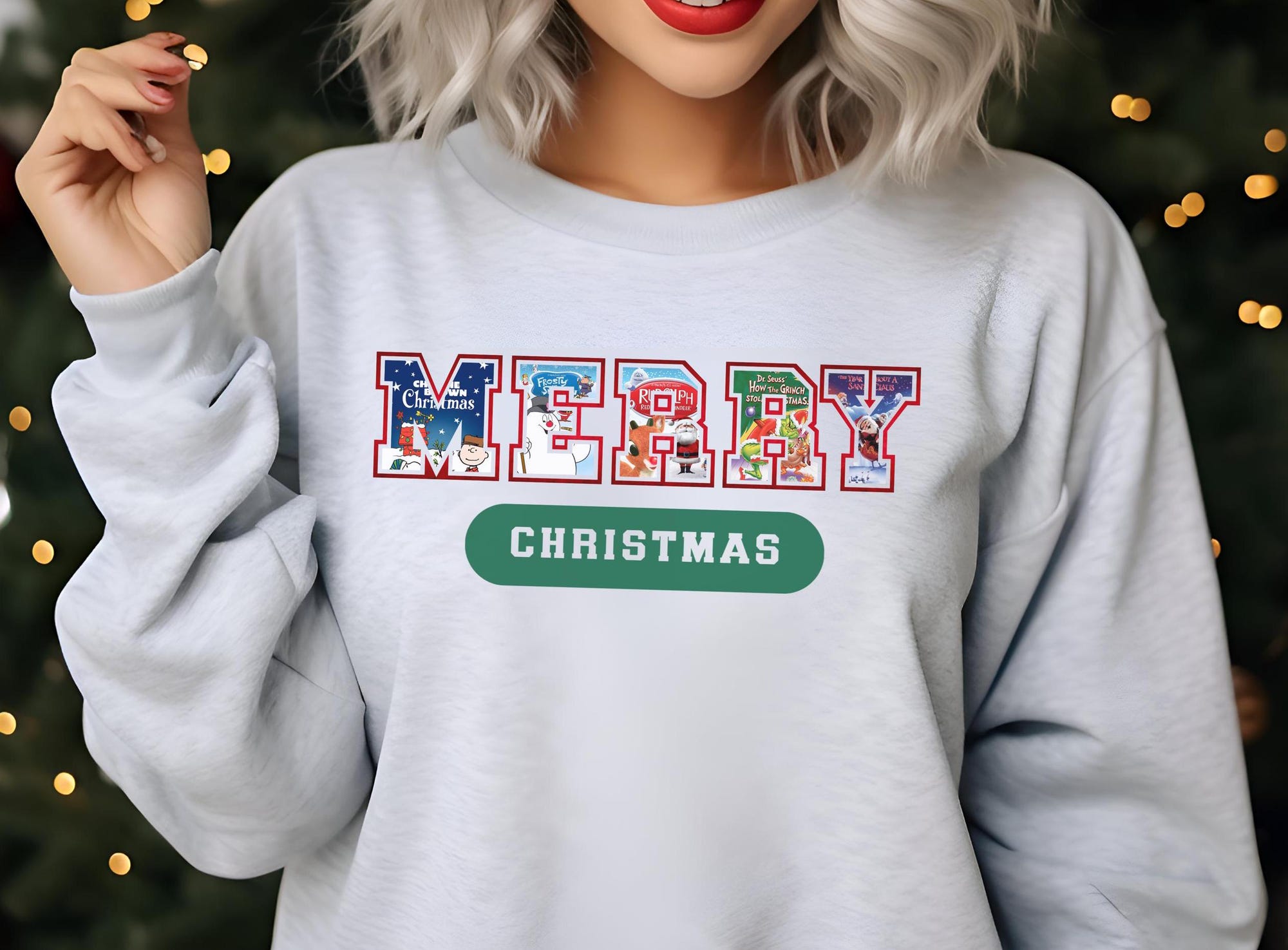 Merry Christmas Cartoons Varsity Athletic Sweatshirt, Christmas Specials, Peanuts, Year Without Santa, Rudolph, Grinch, Frosty, Charlie B